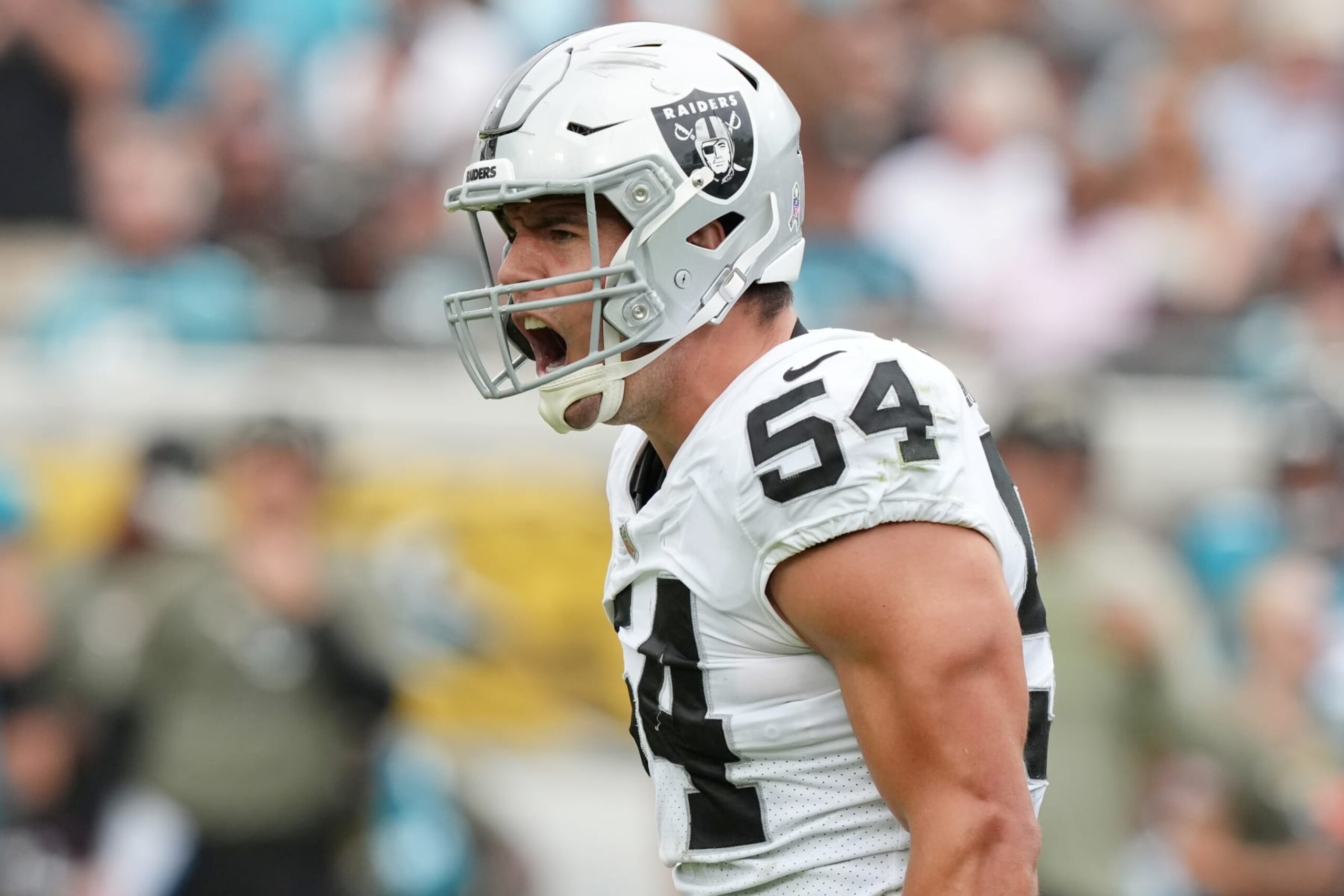 JACKSONVILLE, FLORIDA - NOVEMBER 06: Blake Martinez #54 of the Las Vegas Raiders celebrates after making a tackle in the second quarter of the game against the Jacksonville Jaguarsat TIAA Bank Field on November 06, 2022 in Jacksonville, Florida. (Photo by Eric Espada/Getty Images) JACKSONVILLE, FLORIDA - NOVEMBER 06: Blake Martinez #54 of the Las Vegas Raiders celebrates after making a tackle in the second quarter of the game against the Jacksonville Jaguarsat TIAA Bank Field on November 06, 2022 in Jacksonville, Florida. (Photo by Eric Espada/Getty Images)
