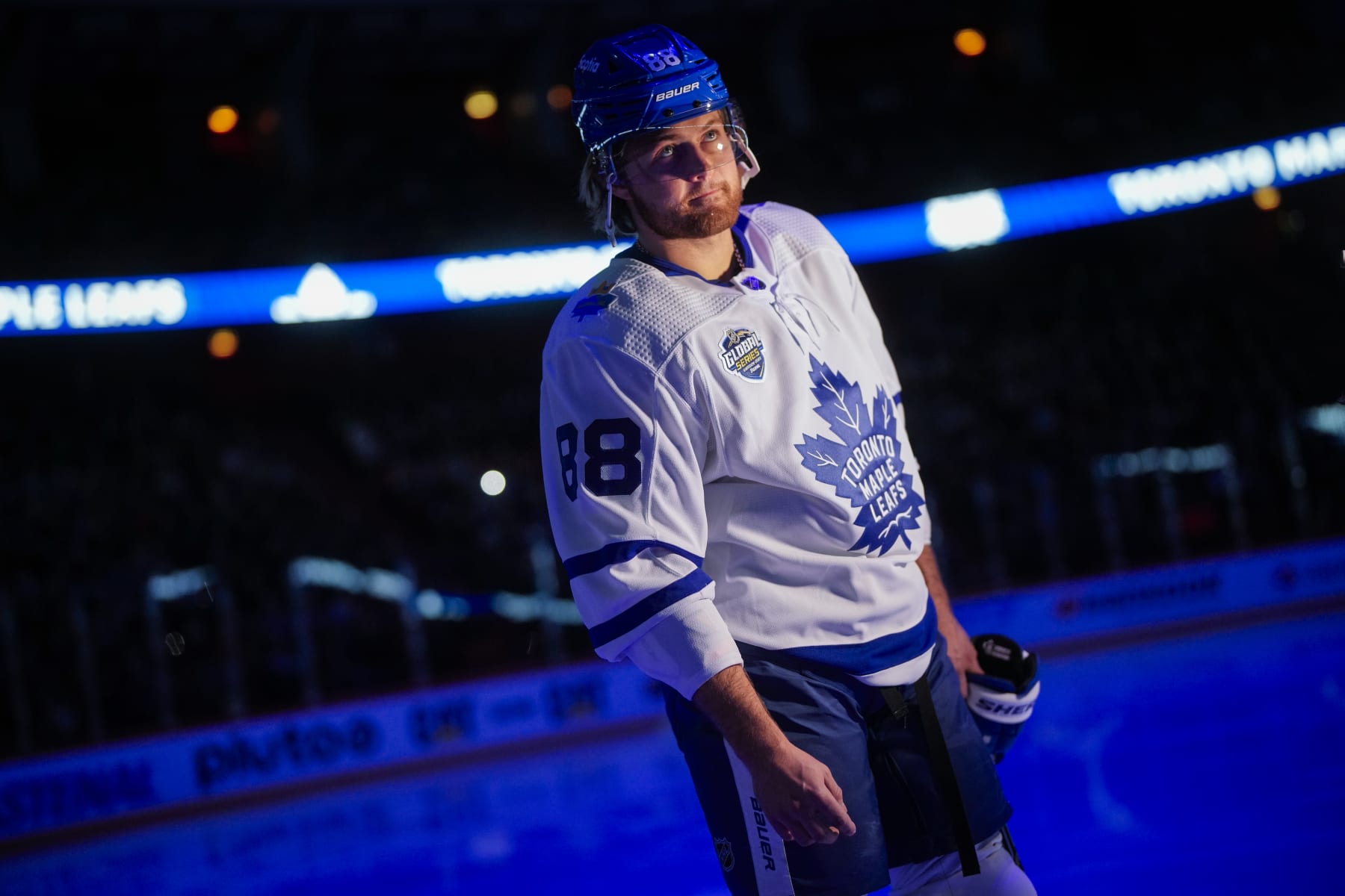 STOCKHOLM, SWEDEN - NOVEMBER 19: William Nylander #88 of the Toronto Maple Leafs looks on during player introductions before facing the Minnesota Wild during the 2023 NHL Global Series Sweden at Avicii Arena on November 19, 2023 in Stockholm, Sweden. (Photo by Mark Blinch/NHLI via Getty Images) STOCKHOLM, SWEDEN - NOVEMBER 19: William Nylander #88 of the Toronto Maple Leafs looks on during player introductions before facing the Minnesota Wild during the 2023 NHL Global Series Sweden at Avicii Arena on November 19, 2023 in Stockholm, Sweden. (Photo by Mark Blinch/NHLI via Getty Images)