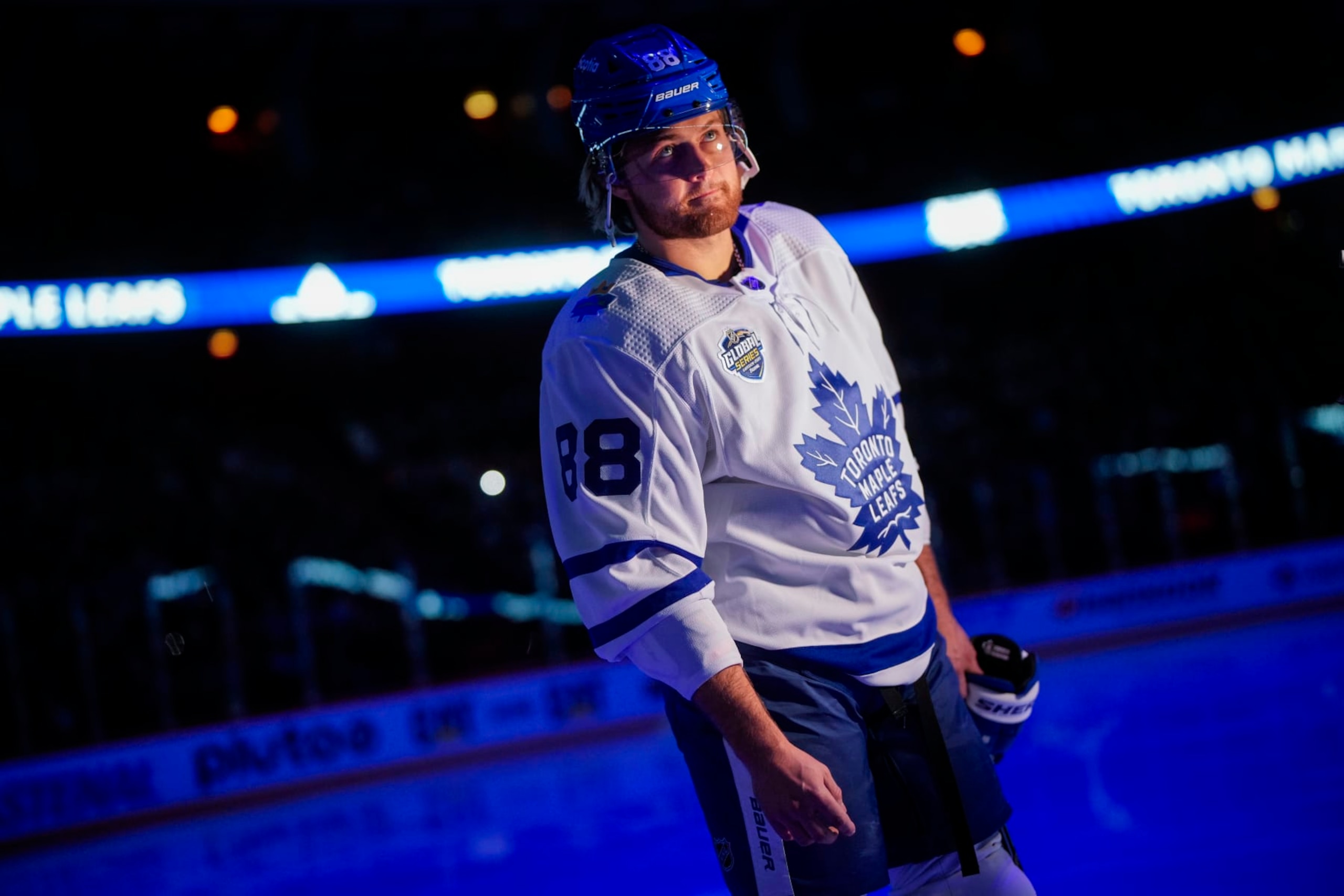STOCKHOLM, SWEDEN - NOVEMBER 19: William Nylander #88 of the Toronto Maple Leafs looks on during player introductions before facing the Minnesota Wild during the 2023 NHL Global Series Sweden at Avicii Arena on November 19, 2023 in Stockholm, Sweden. (Photo by Mark Blinch/NHLI via Getty Images)