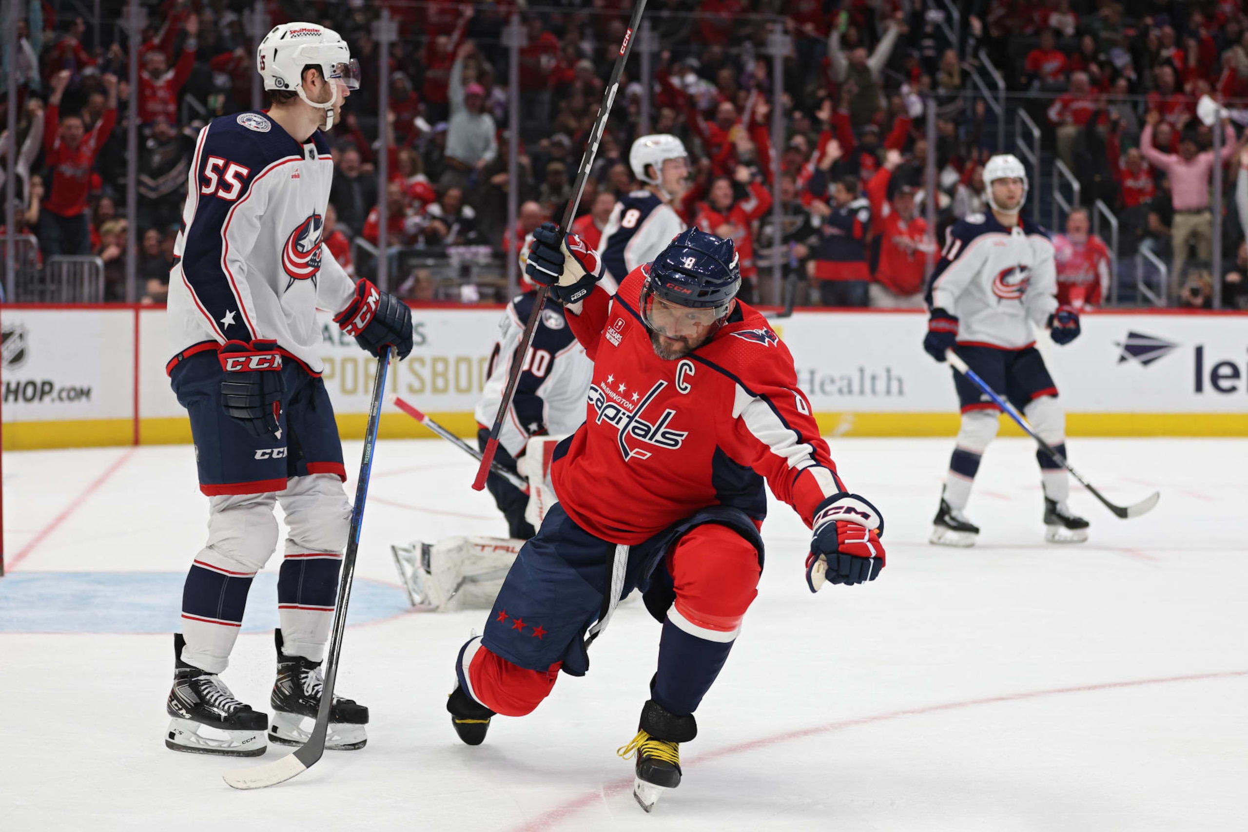 WASHINGTON, DC - NOVEMBER 18: Alex Ovechkin #8 of the Washington Capitals celebrates after scoring a goal against the Columbus Blue Jackets during the second period at Capital One Arena on November 18, 2023 in Washington, DC. (Photo by Patrick Smith/Getty Images)