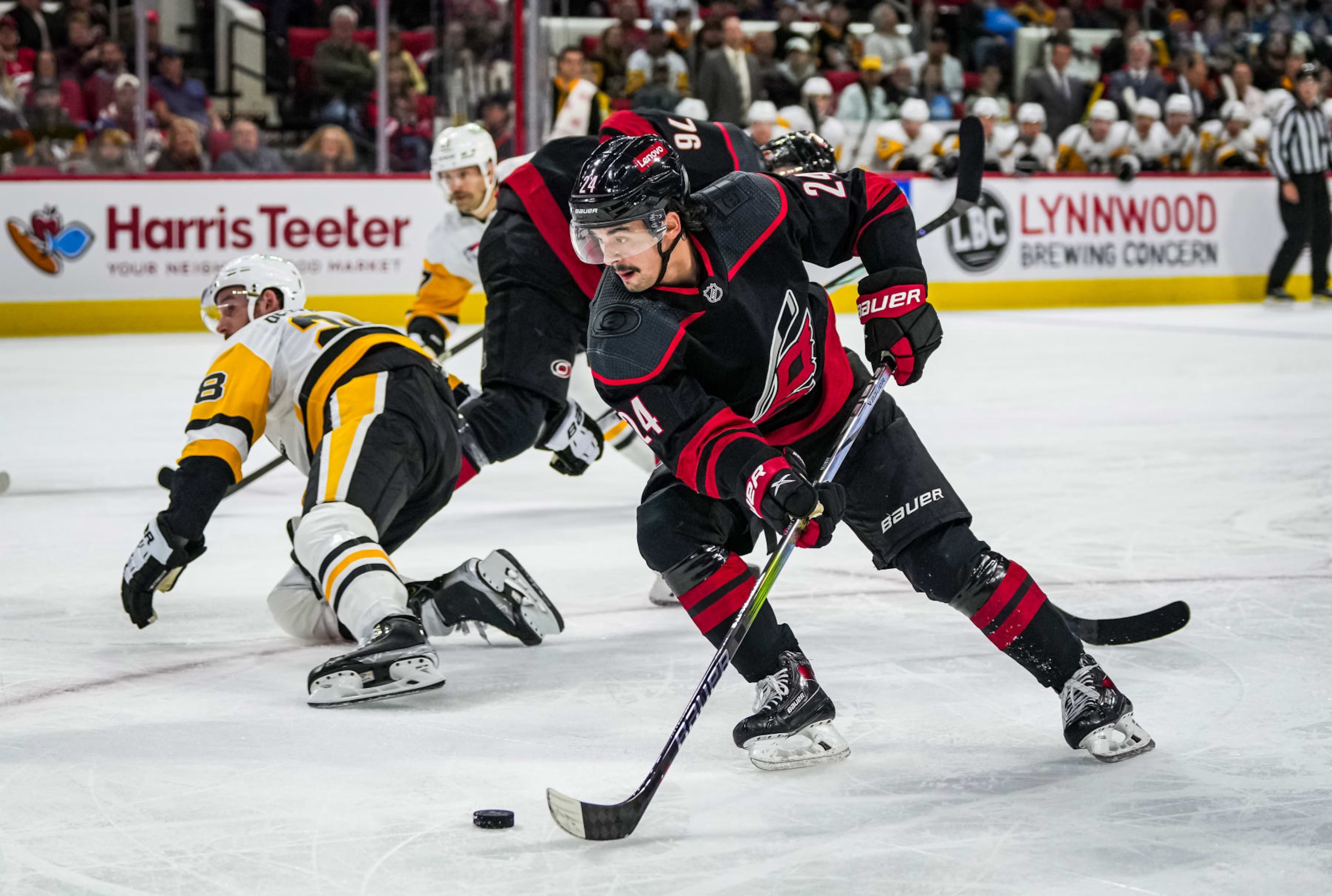 RALEIGH, NORTH CAROLINA - NOVEMBER 18: Seth Jarvis #24 of the Carolina Hurricanes skates during the first period against the Pittsburgh Penguins at PNC Arena on November 18, 2023 in Raleigh, North Carolina. (Photo by Josh Lavallee/NHLI via Getty Images)