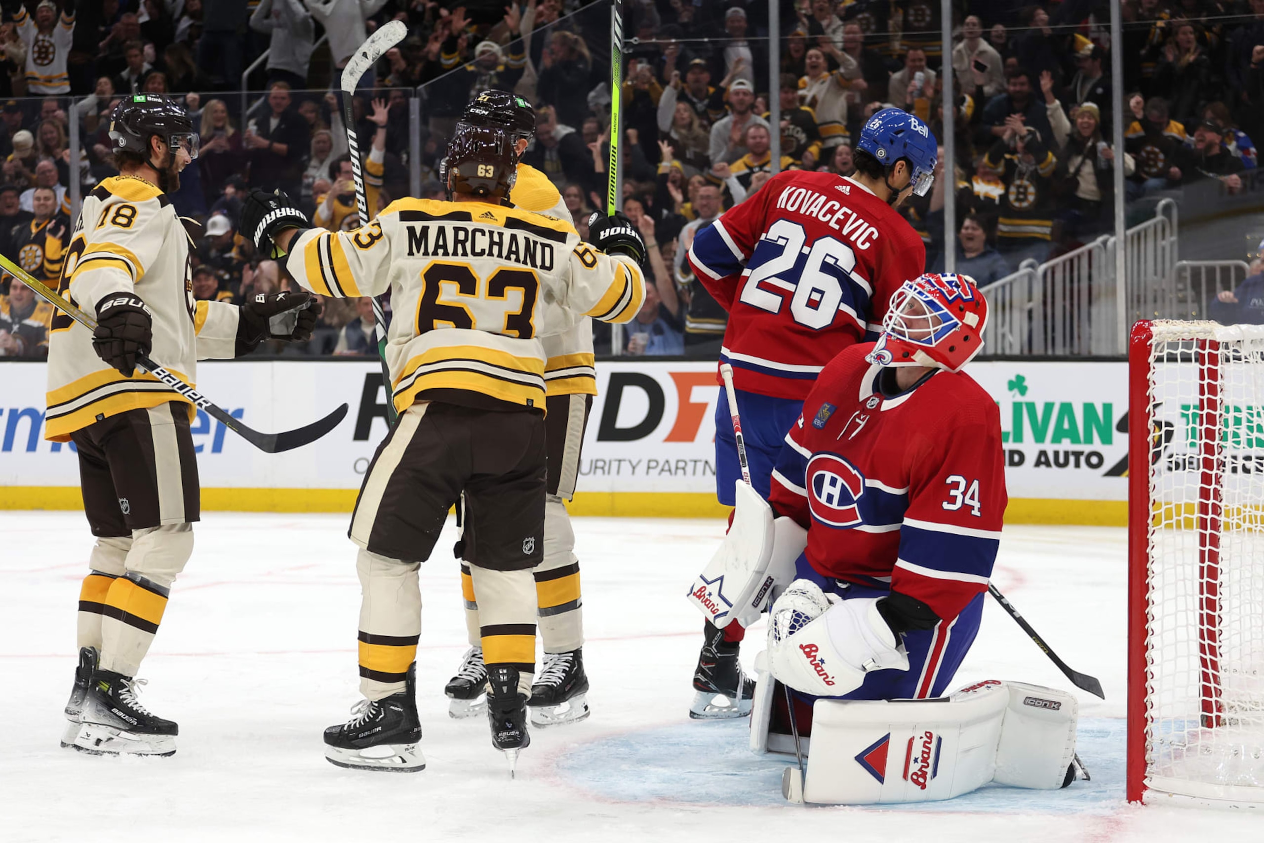 BOSTON, MASSACHUSETTS - NOVEMBER 18: Jake Allen #34 of the Montreal Canadiens reacts after James van Riemsdyk #21 of the Boston Bruins scored a goal during the third period at TD Garden on November 18, 2023 in Boston, Massachusetts. The Bruins defeat the Canadiens 5-2.  (Photo by Maddie Meyer/Getty Images)