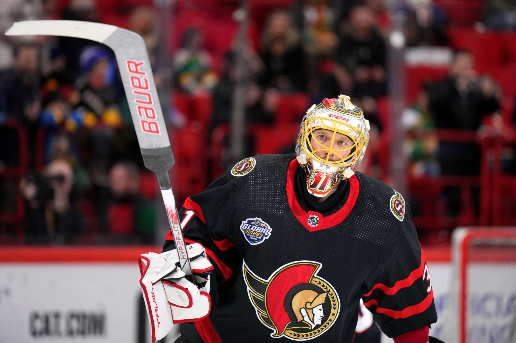 STOCKHOLM, SWEDEN - NOVEMBER 18: Goaltender Anton Forsberg #31 of the Ottawa Senators warms up before the 2023 NHL Global Series in Sweden between the Minnesota Wild and the Ottawa Senators at Avicii Arena on November 18, 2023 in Stockholm, Sweden. (Photo by Andre Ringuette/NHLI via Getty Images) STOCKHOLM, SWEDEN - NOVEMBER 18: Goaltender Anton Forsberg #31 of the Ottawa Senators warms up before the 2023 NHL Global Series in Sweden between the Minnesota Wild and the Ottawa Senators at Avicii Arena on November 18, 2023 in Stockholm, Sweden. (Photo by Andre Ringuette/NHLI via Getty Images)