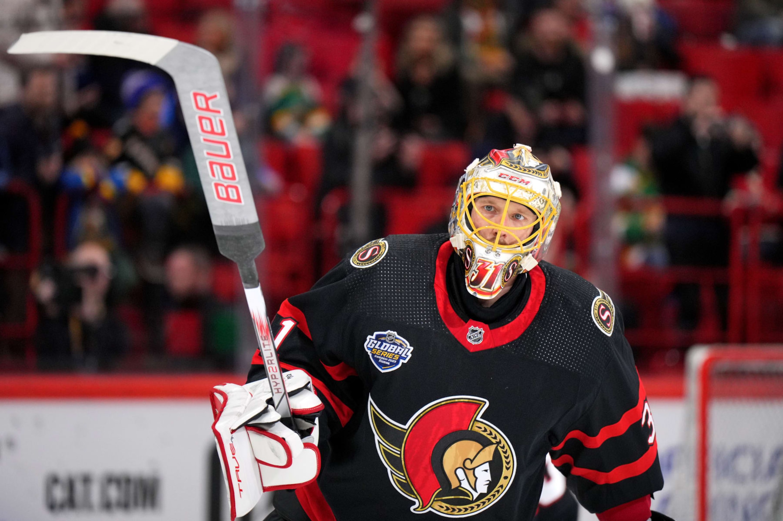 STOCKHOLM, SWEDEN - NOVEMBER 18:  Goaltender Anton Forsberg #31 of the Ottawa Senators warms up before the 2023 NHL Global Series in Sweden between the Minnesota Wild and the Ottawa Senators at Avicii Arena on November 18, 2023 in Stockholm, Sweden. (Photo by Andre Ringuette/NHLI via Getty Images)