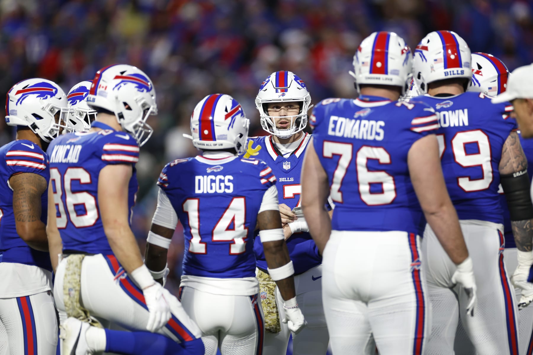 ORCHARD PARK, NEW YORK - NOVEMBER 19: Josh Allen #17 of the Buffalo Bills huddles with the team in the second quarter against the New York Jets at Highmark Stadium on November 19, 2023 in Orchard Park, New York. (Photo by Sarah Stier/Getty Images)