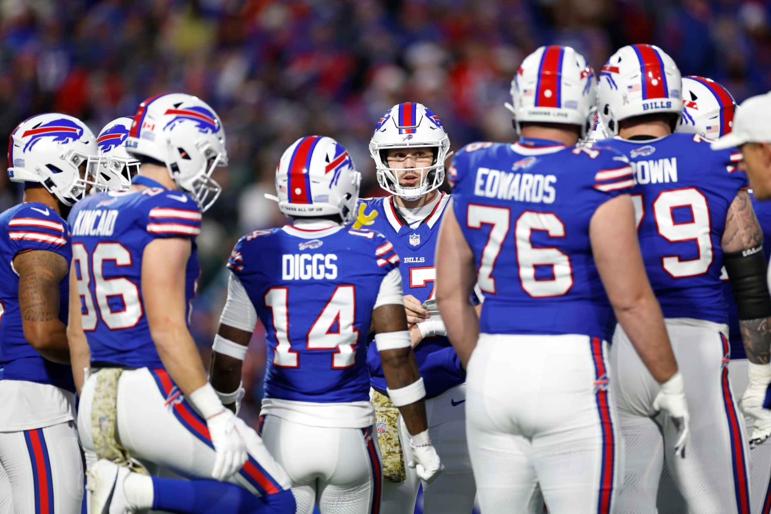 ORCHARD PARK, NEW YORK - NOVEMBER 19: Josh Allen #17 of the Buffalo Bills huddles with the team in the second quarter against the New York Jets at Highmark Stadium on November 19, 2023 in Orchard Park, New York. (Photo by Sarah Stier/Getty Images) ORCHARD PARK, NEW YORK - NOVEMBER 19: Josh Allen #17 of the Buffalo Bills huddles with the team in the second quarter against the New York Jets at Highmark Stadium on November 19, 2023 in Orchard Park, New York. (Photo by Sarah Stier/Getty Images)