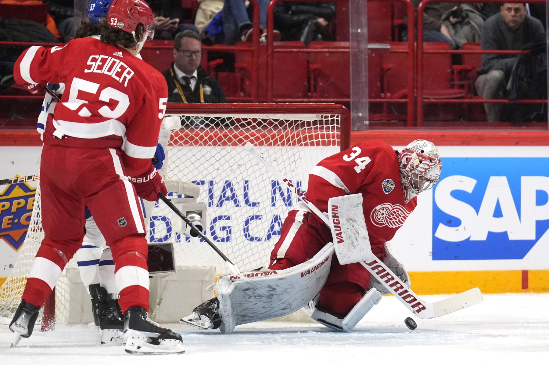 STOCKHOLM, SWEDEN - NOVEMBER 17: Alex Lyon #34 of the Detroit Red Wings makes a save during the second period of the 2023 NHL Global Series in Sweden between the Toronto Maple Leafs and the Detroit Red Wings at Avicii Arena on November 17, 2023 in Stockholm, Sweden. (Photo by Mark Blinch/NHLI via Getty Images) STOCKHOLM, SWEDEN - NOVEMBER 17: Alex Lyon #34 of the Detroit Red Wings makes a save during the second period of the 2023 NHL Global Series in Sweden between the Toronto Maple Leafs and the Detroit Red Wings at Avicii Arena on November 17, 2023 in Stockholm, Sweden. (Photo by Mark Blinch/NHLI via Getty Images)
