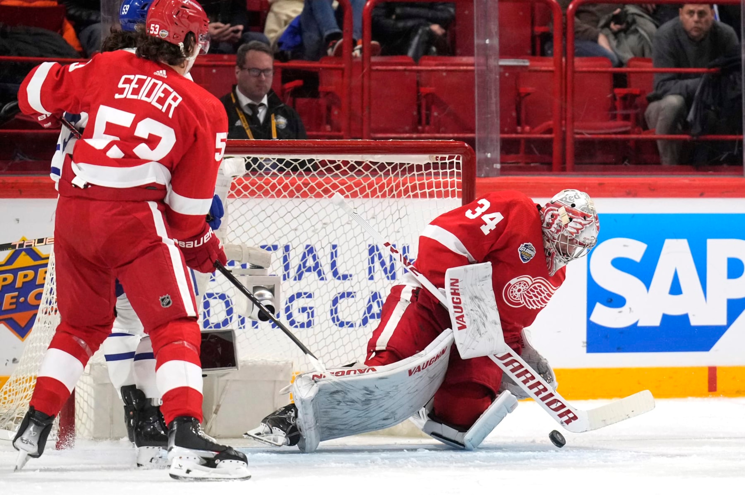 STOCKHOLM, SWEDEN - NOVEMBER 17: Alex Lyon #34 of the Detroit Red Wings makes a save during the second period of the 2023 NHL Global Series in Sweden between the Toronto Maple Leafs and the Detroit Red Wings at Avicii Arena on November 17, 2023 in Stockholm, Sweden. (Photo by Mark Blinch/NHLI via Getty Images)