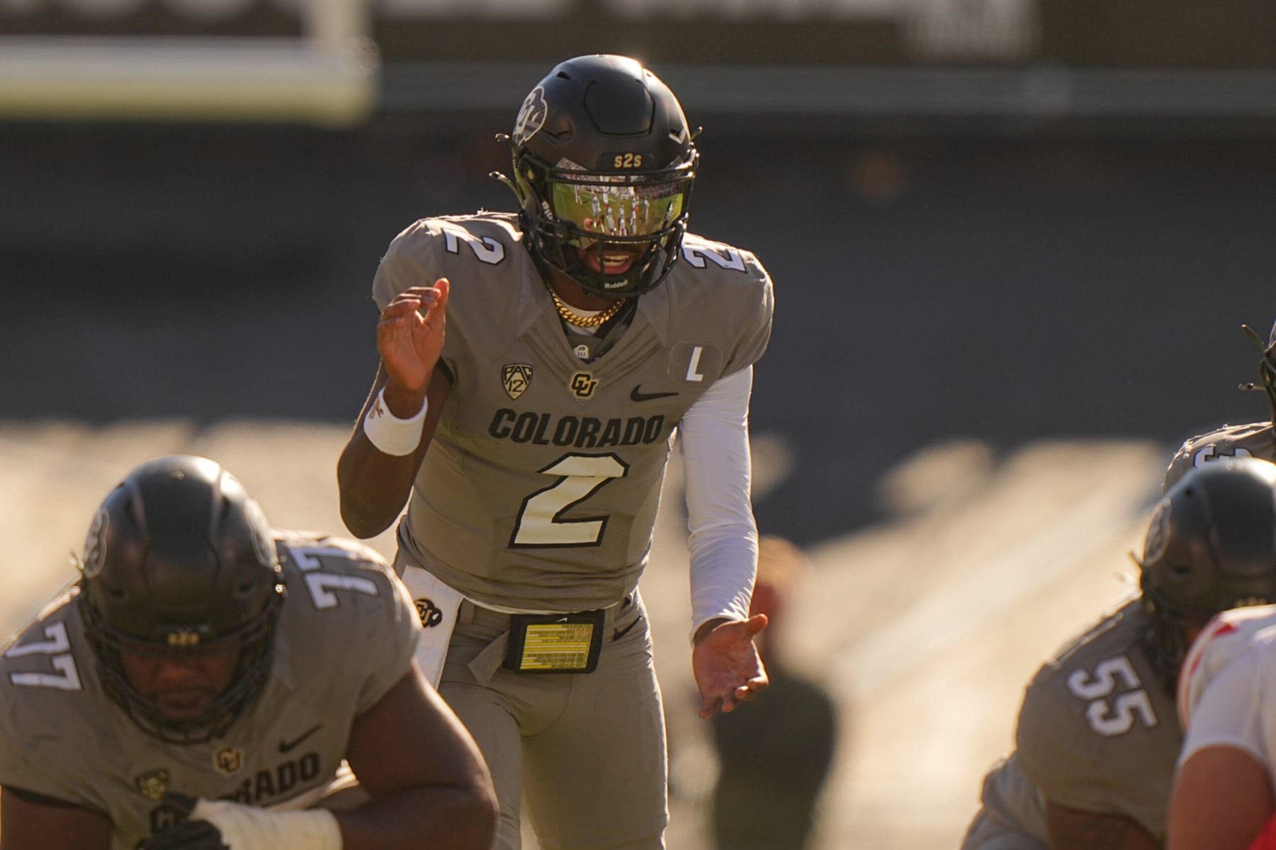 College Football: Colorado quarterback Shedeur Sanders (2) in action, calls a play vs Arizona at Folsom Field. 
Boulder, CO 11/11/2023 
CREDIT: Erick W. Rasco (Photo by Erick W. Rasco/Sports Illustrated via Getty Images) 
(Set Number: X164462)