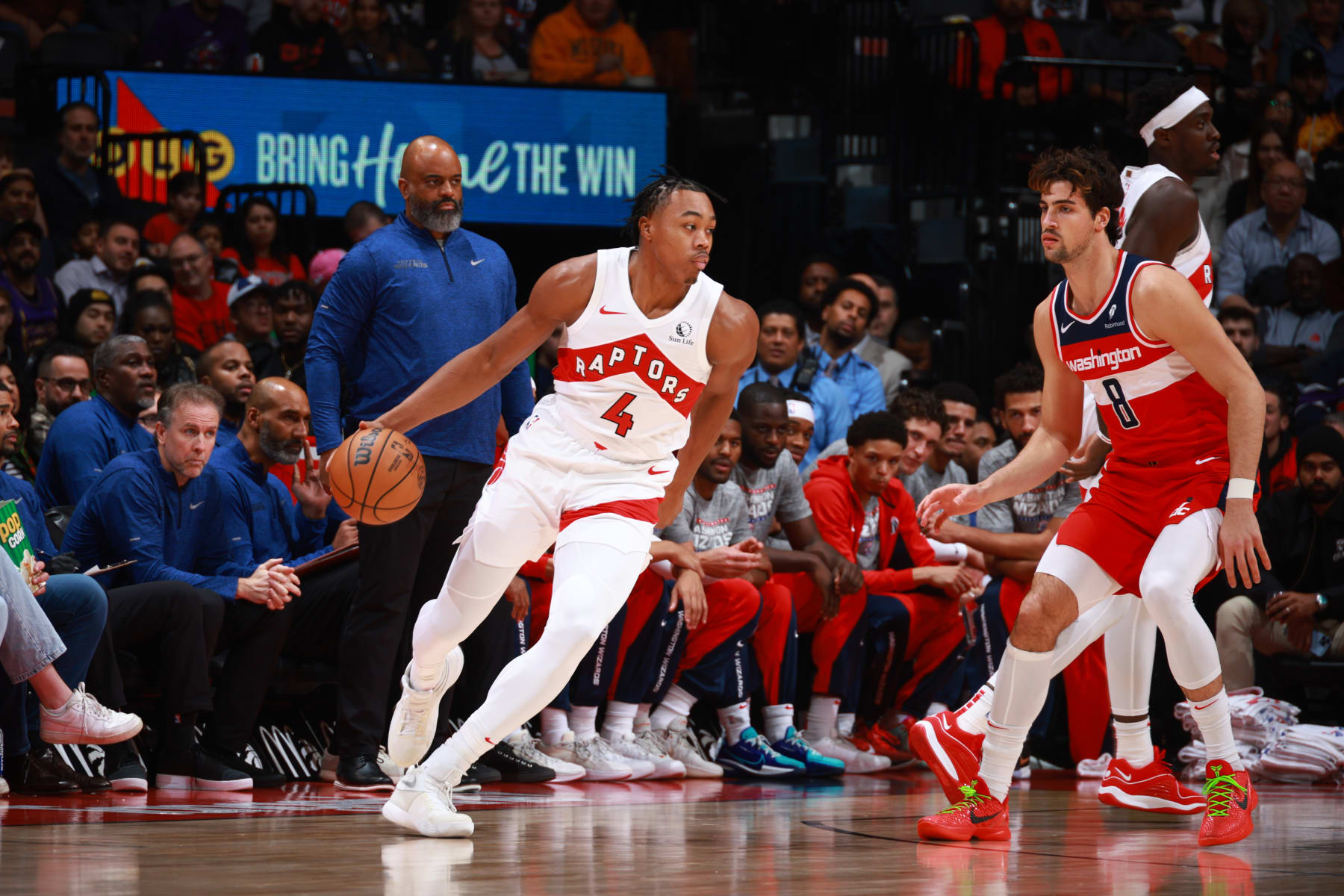 TORONTO, CANADA - NOVEMBER 13: Scottie Barnes #4 of the Toronto Raptors dribbles the ball during the game against the Washington Wizards on November 13, 2023 at the Scotiabank Arena in Toronto, Ontario, Canada.  NOTE TO USER: User expressly acknowledges and agrees that, by downloading and or using this Photograph, user is consenting to the terms and conditions of the Getty Images License Agreement.  Mandatory Copyright Notice: Copyright 2023 NBAE (Photo by Vaughn Ridley/NBAE via Getty Images)
