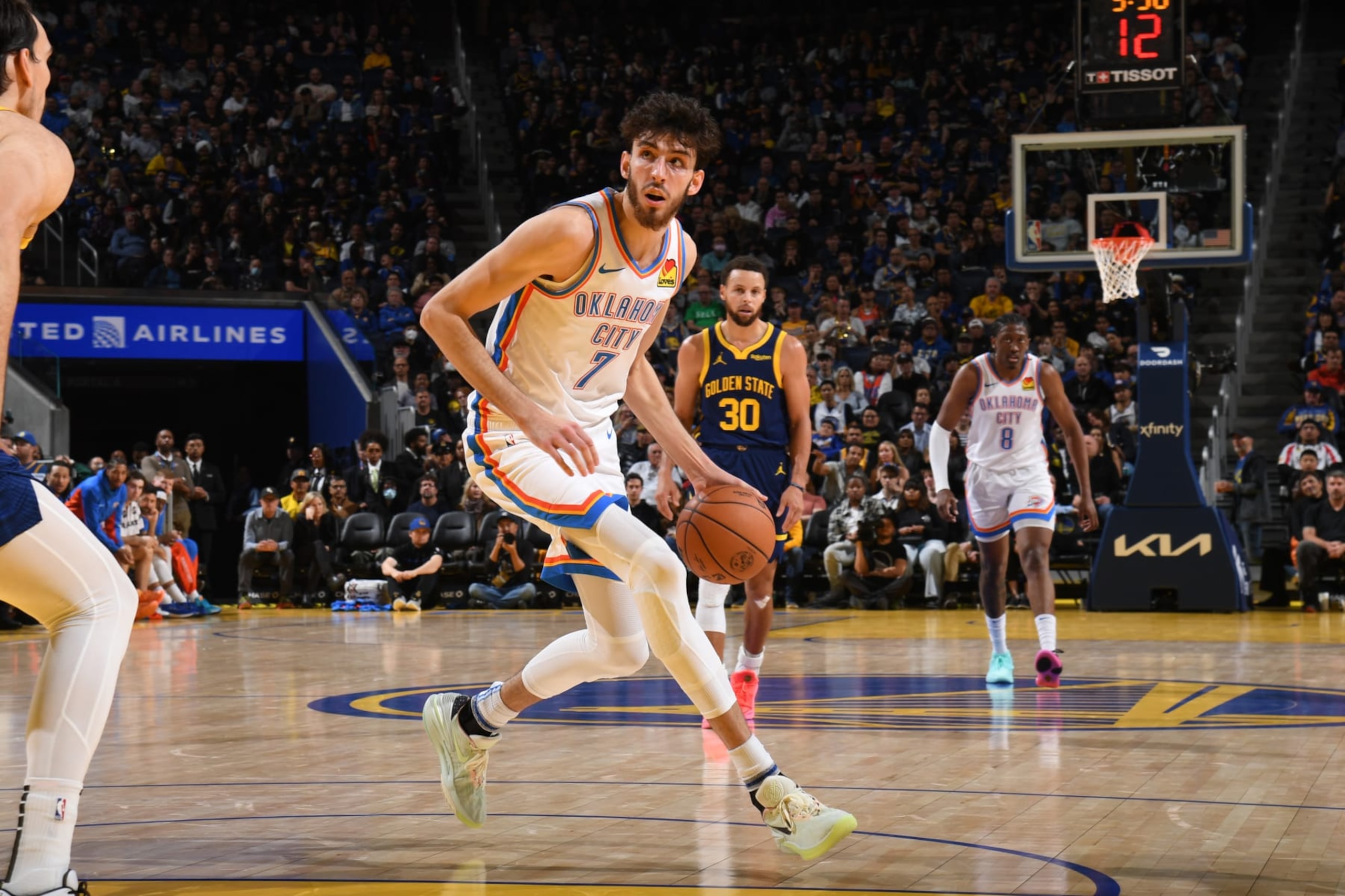 SAN FRANCISCO, CA - NOVEMBER 18: Chet Holmgren #7 of the Oklahoma City Thunder dribbles the ball during the game against the Golden State Warriors on November 18, 2023 at Chase Center in San Francisco, California. NOTE TO USER: User expressly acknowledges and agrees that, by downloading and or using this photograph, user is consenting to the terms and conditions of Getty Images License Agreement. Mandatory Copyright Notice: Copyright 2023 NBAE (Photo by Noah Graham/NBAE via Getty Images)
