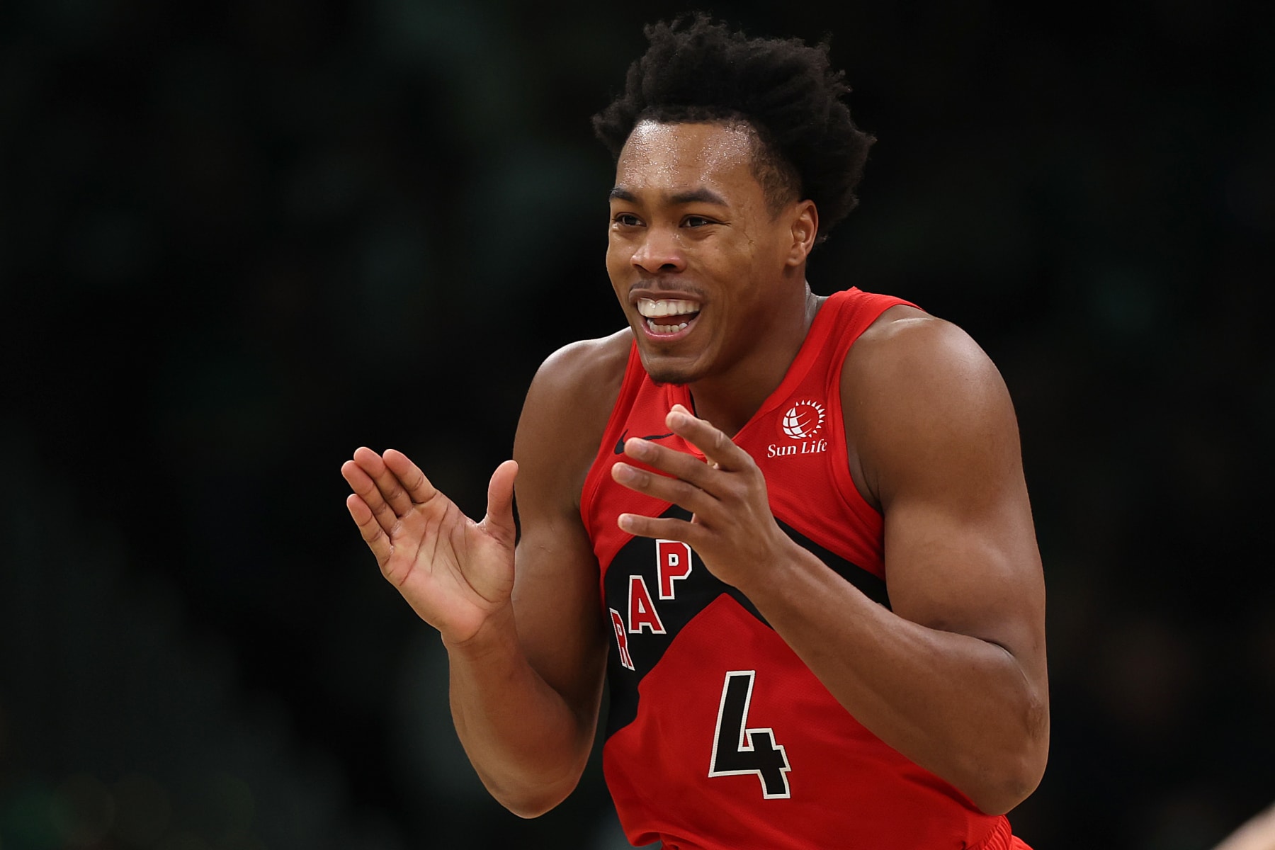 BOSTON, MASSACHUSETTS - NOVEMBER 11: Scottie Barnes #4 of the Toronto Raptors celebrates a foul called against the Boston Celtics during the second quarter at TD Garden on November 11, 2023 in Boston, Massachusetts. NOTE TO USER: User expressly acknowledges and agrees that, by downloading and or using this photograph, User is consenting to the terms and conditions of the Getty Images License Agreement.  (Photo by Maddie Meyer/Getty Images)