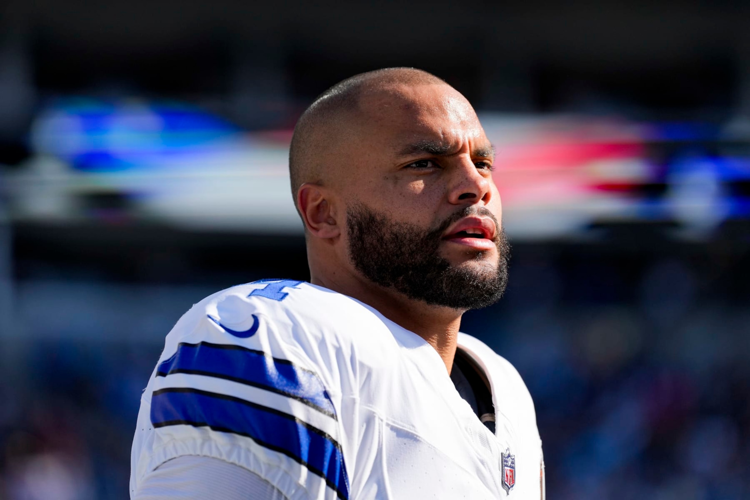 CHARLOTTE, NORTH CAROLINA - NOVEMBER 19: Dak Prescott #4 of the Dallas Cowboys looks on prior to an NFL football game against the Carolina Panthers at Bank of America Stadium on November 19, 2023 in Charlotte, North Carolina. (Kara Durrette/Getty Images)