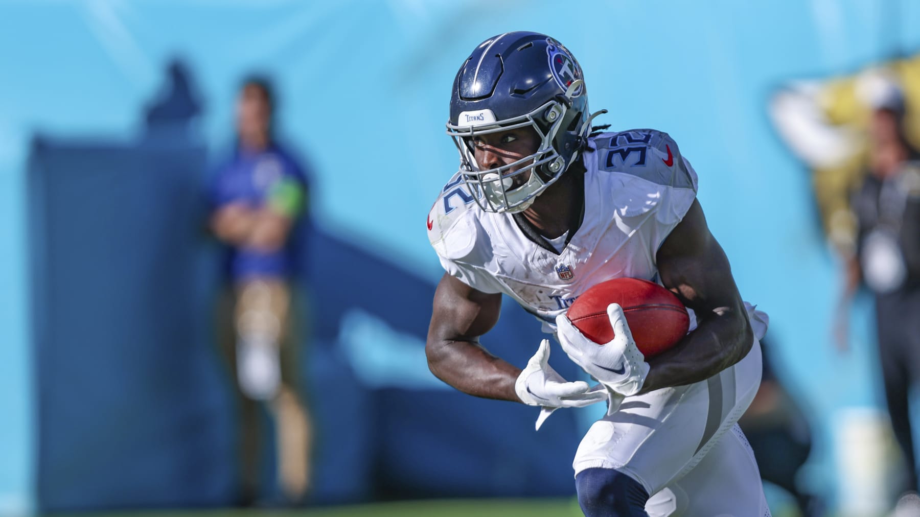 Tennessee Titans running back Tyjae Spears (32) returns a kickoff during an NFL football game against the Jacksonville Jaguars, Sunday, Nov. 19, 2023, in Jacksonville, Fla. The Jaguars defeated the Titans 34-14. (AP Photo/Gary McCullough)