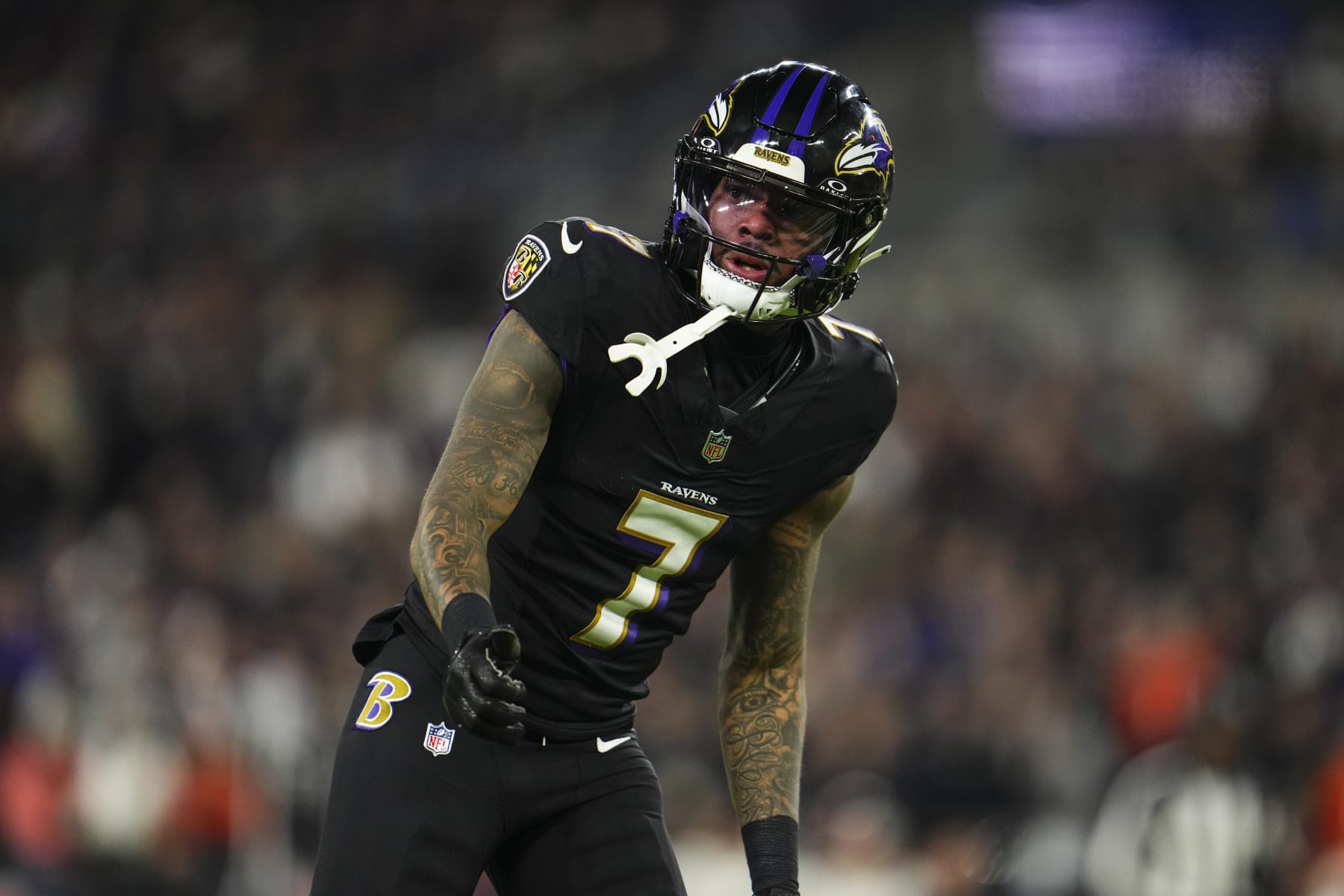 BALTIMORE, MD - NOVEMBER 16: Rashod Bateman #7 of the Baltimore Ravens lines up during an NFL football game against the Cincinnati Bengals at M&T Bank Stadium on November 16, 2023 in Baltimore, Maryland. (Photo by Cooper Neill/Getty Images)