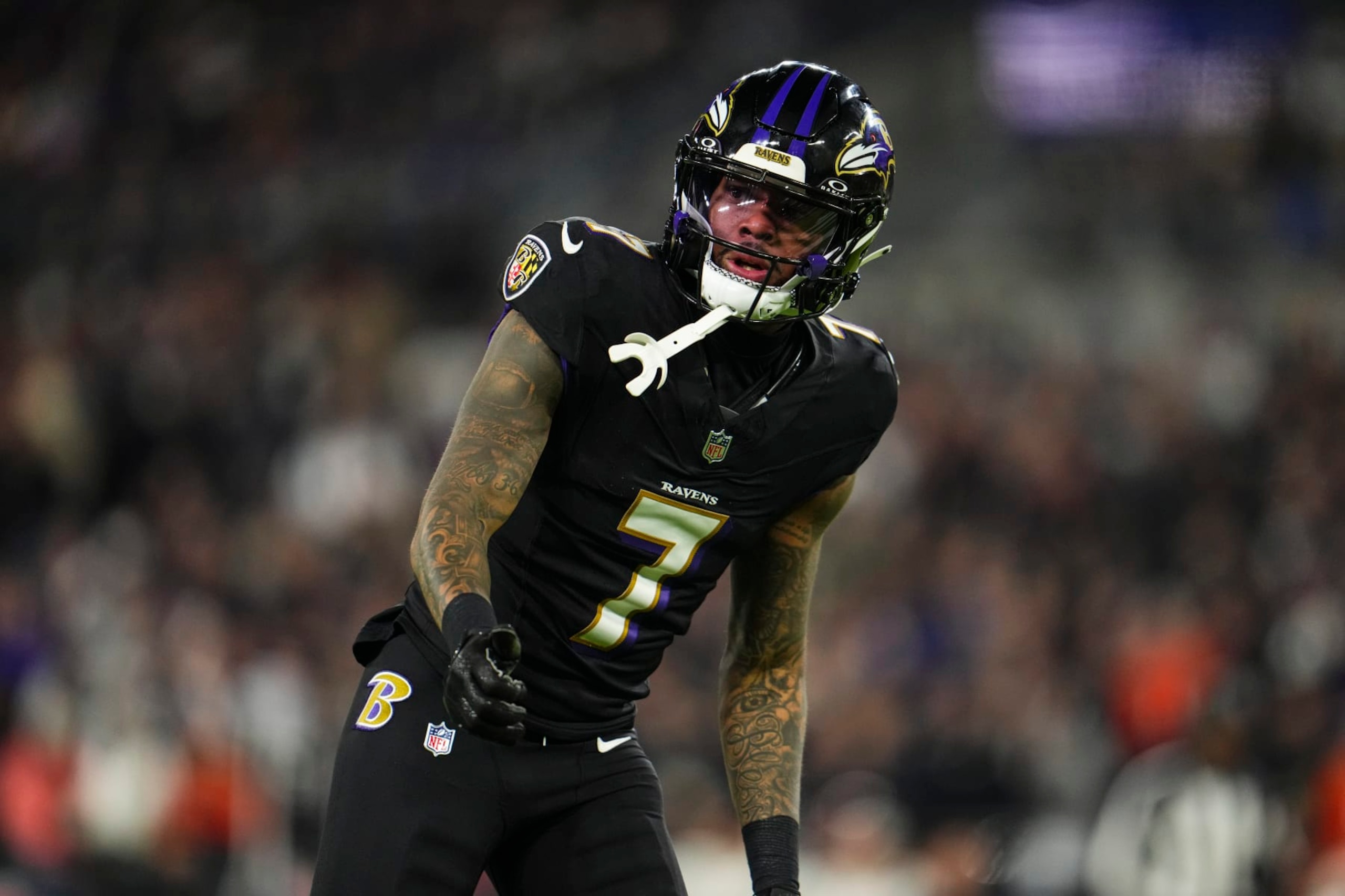 BALTIMORE, MD - NOVEMBER 16: Rashod Bateman #7 of the Baltimore Ravens lines up during an NFL football game against the Cincinnati Bengals at M&T Bank Stadium on November 16, 2023 in Baltimore, Maryland. (Photo by Cooper Neill/Getty Images)