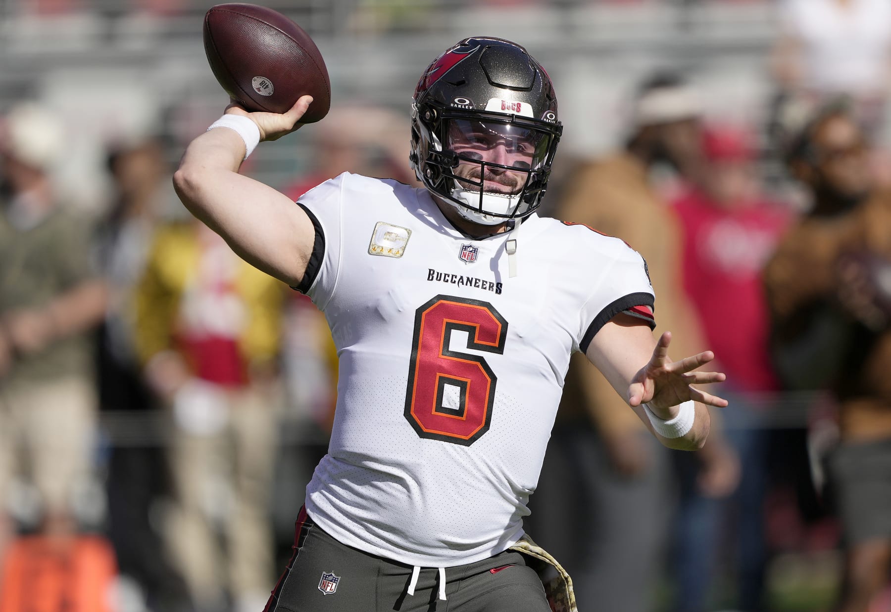 SANTA CLARA, CALIFORNIA - NOVEMBER 19: Baker Mayfield #6 of the Tampa Bay Buccaneers warms up prior to the game against the San Francisco 49ers at Levi's Stadium on November 19, 2023 in Santa Clara, California. (Photo by Thearon W. Henderson/Getty Images)