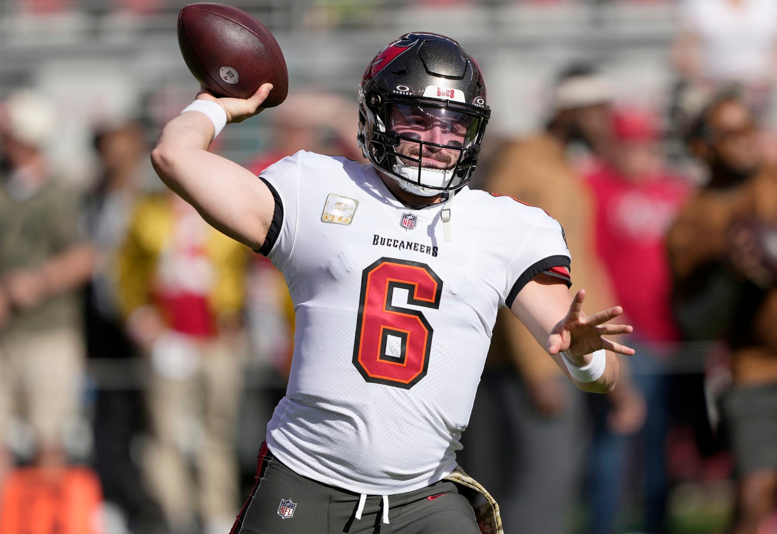 SANTA CLARA, CALIFORNIA - NOVEMBER 19: Baker Mayfield #6 of the Tampa Bay Buccaneers warms up prior to the game against the San Francisco 49ers at Levi's Stadium on November 19, 2023 in Santa Clara, California. (Photo by Thearon W. Henderson/Getty Images)