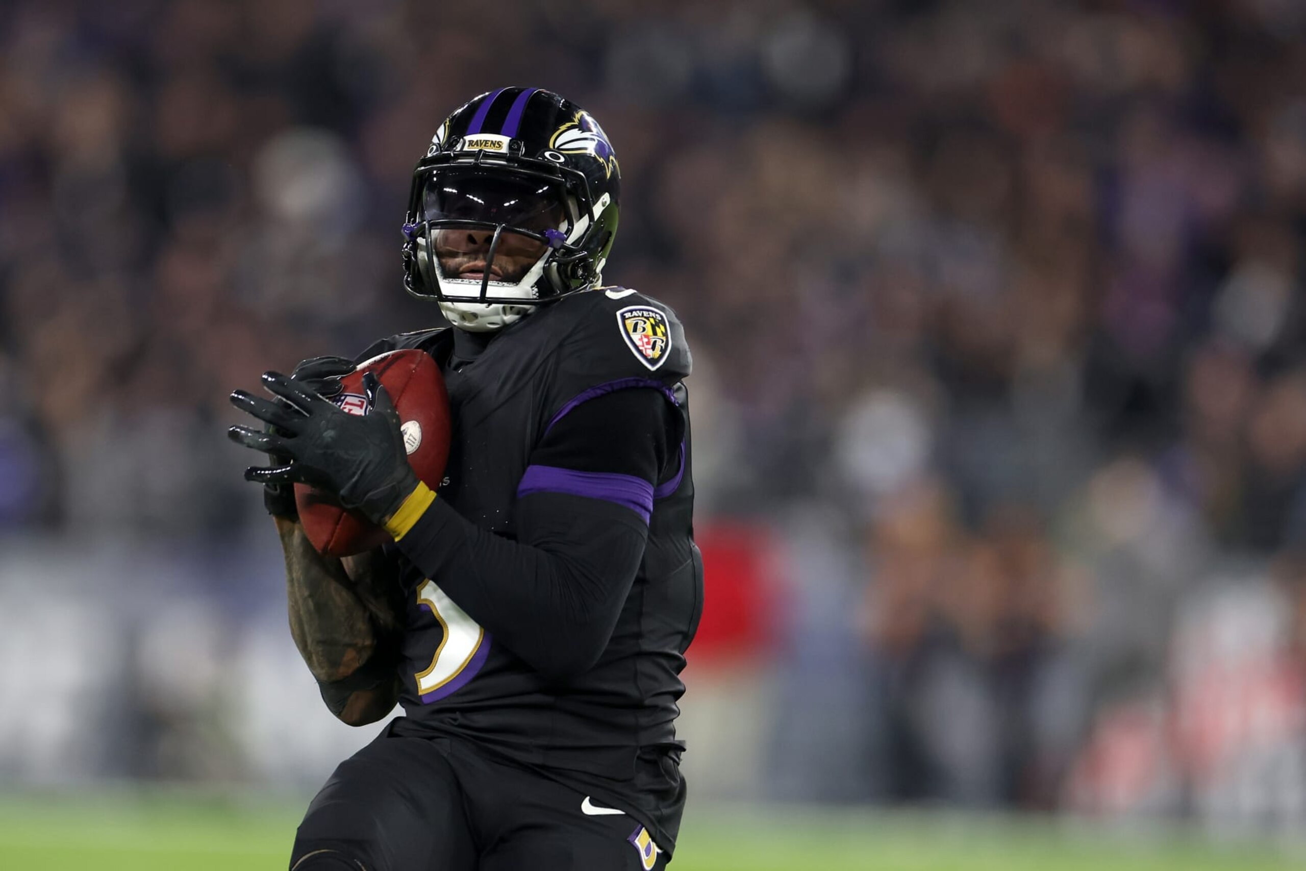 BALTIMORE, MARYLAND - NOVEMBER 16: Wide receiver Odell Beckham Jr. #3 of the Baltimore Ravens catches a pass against the Cincinnati Bengals in the fourth quarter at M&T Bank Stadium on November 16, 2023 in Baltimore, Maryland. (Photo by Rob Carr/Getty Images)