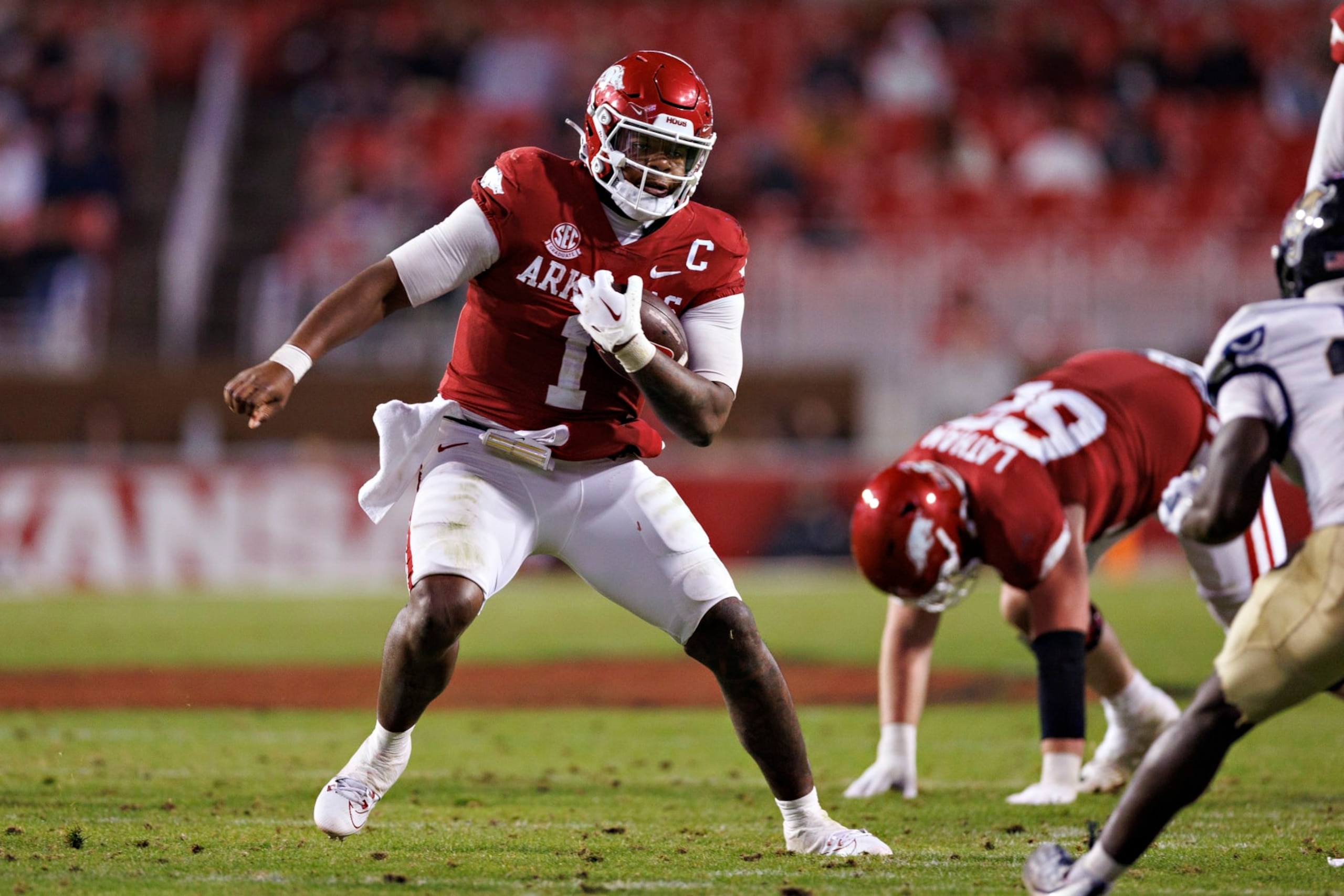 FAYETTEVILLE, ARKANSAS - NOVEMBER 18: K.J. Jefferson #1 of the Arkansas Razorbacks runs the ball in the second half of the game against the FIU Panthers at Donald W. Reynolds Razorback Stadium on November 18, 2023 in Fayetteville, Arkansas. The Razorbacks defeated the Panthers 44-20.  (Photo by Wesley Hitt/Getty Images)
