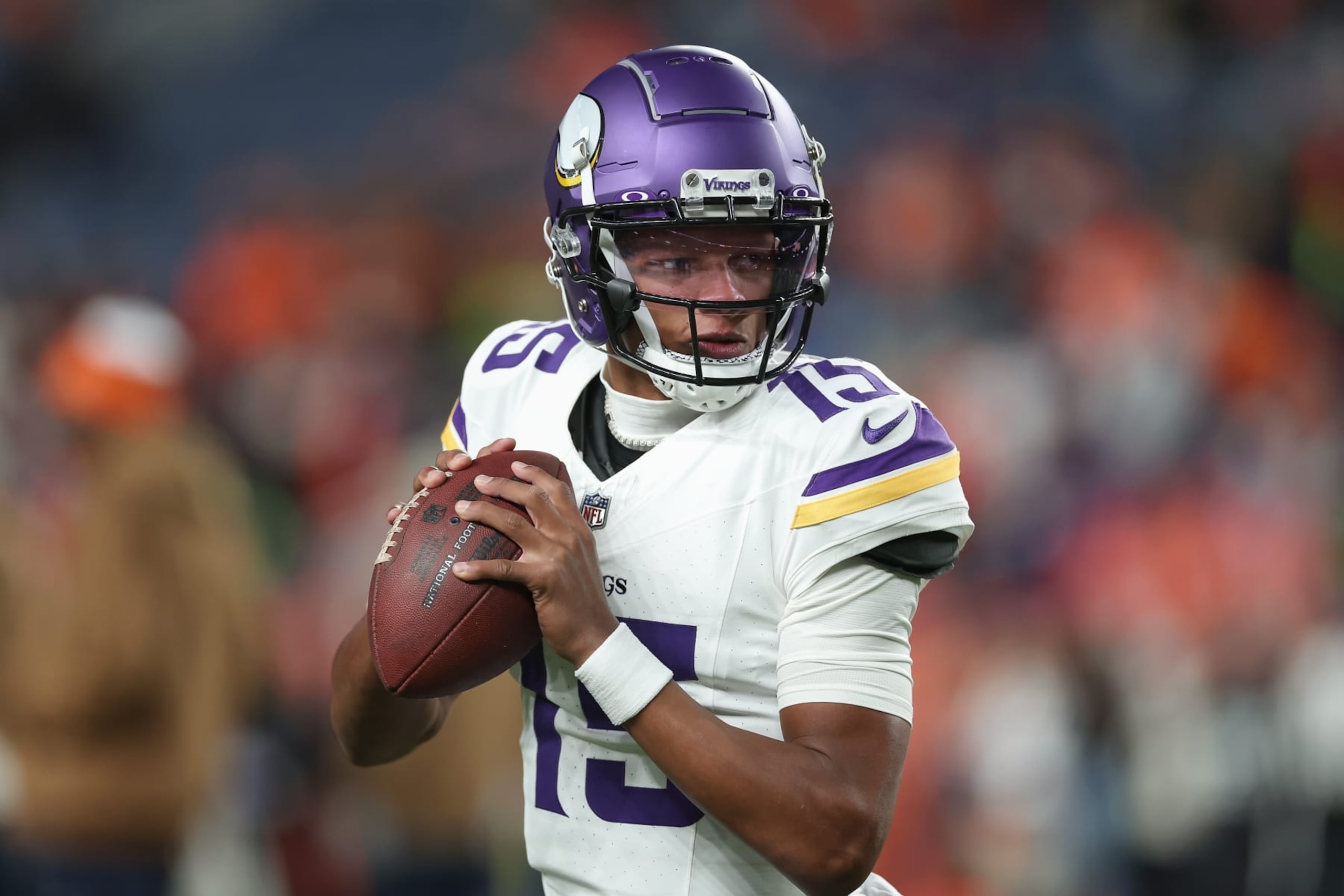 DENVER, COLORADO - NOVEMBER 19: Quarterback Joshua Dobbs #15 of the Minnesota Vikings warms up before the NFL game against the Denver Broncos at Empower Field At Mile High on November 19, 2023 in Denver, Colorado. (Photo by Matthew Stockman/Getty Images)