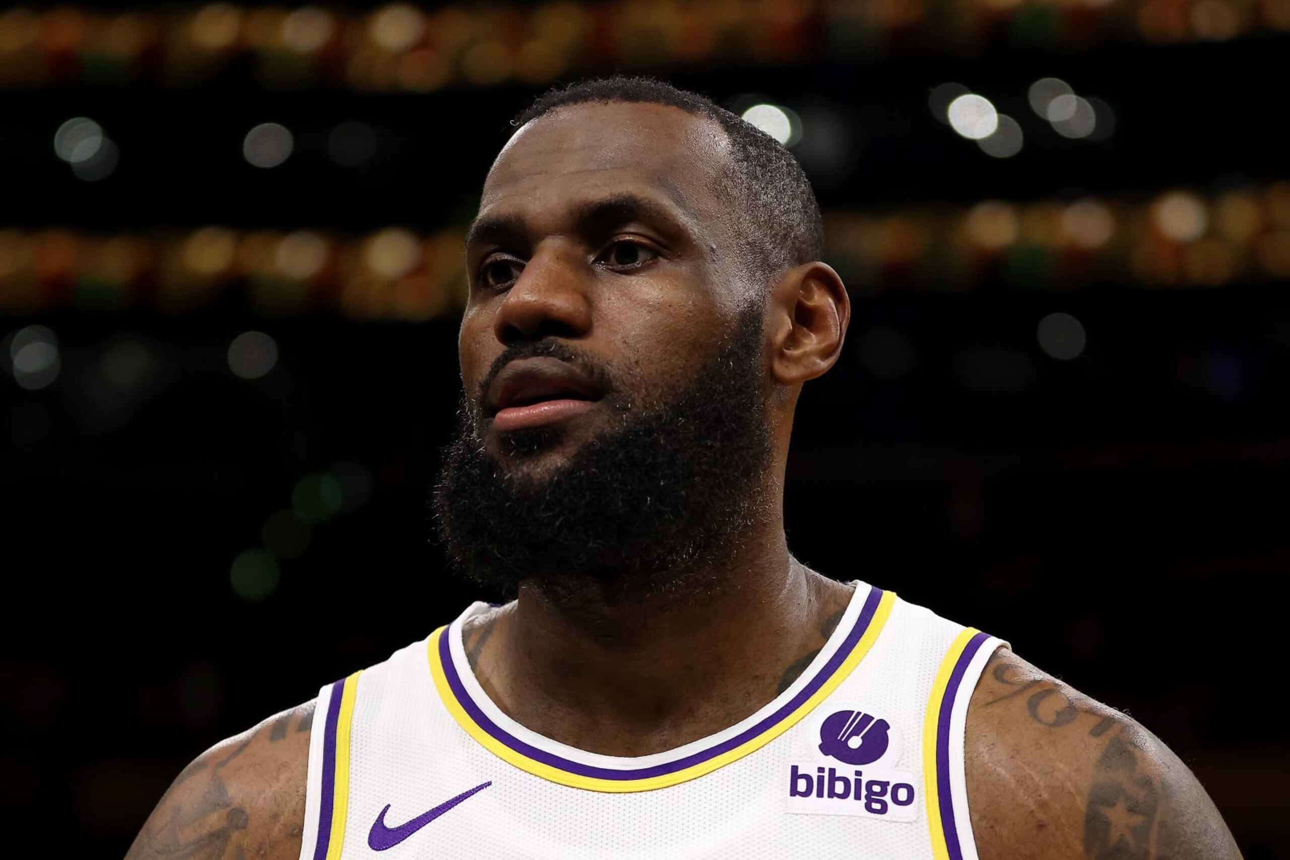 LOS ANGELES, CALIFORNIA - NOVEMBER 19: LeBron James #23 of the Los Angeles Lakers looks on prior to the game against the Houston Rockets at Crypto.com Arena on November 19, 2023 in Los Angeles, California. NOTE TO USER: User expressly acknowledges and agrees that, by downloading and or using this photograph, User is consenting to the terms and conditions of the Getty Images License Agreement. (Photo by Katelyn Mulcahy/Getty Images)