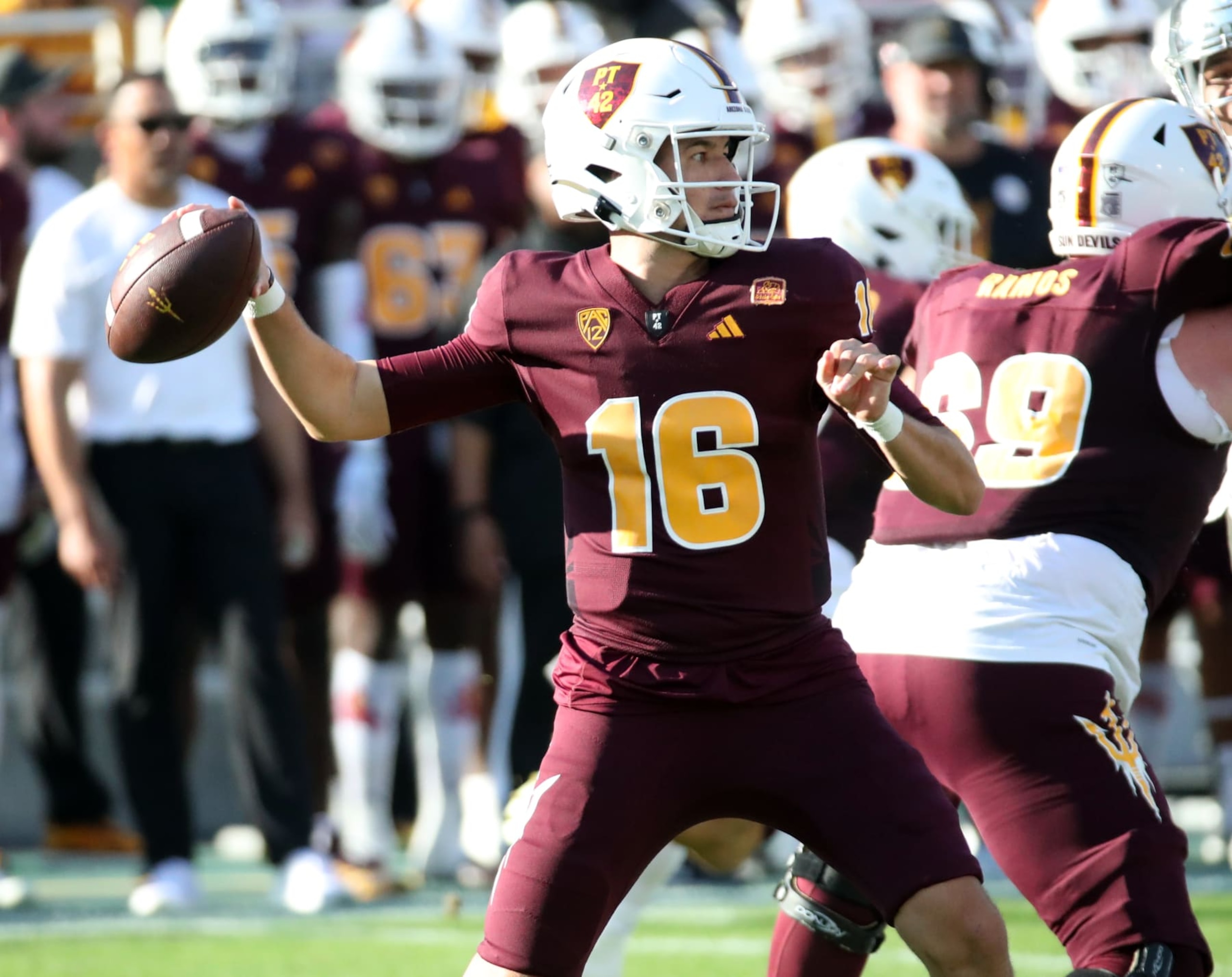 TEMPE, ARIZONA - NOVEMBER 18: Trenton Bourguet #16 of the Arizona State Sun Devils prepares to throw a pass in the first quarter against the University of Oregon Ducks at Mountain America Stadium on November 18, 2023 in Tempe, Arizona. (Photo by Bruce Yeung/Getty Images)