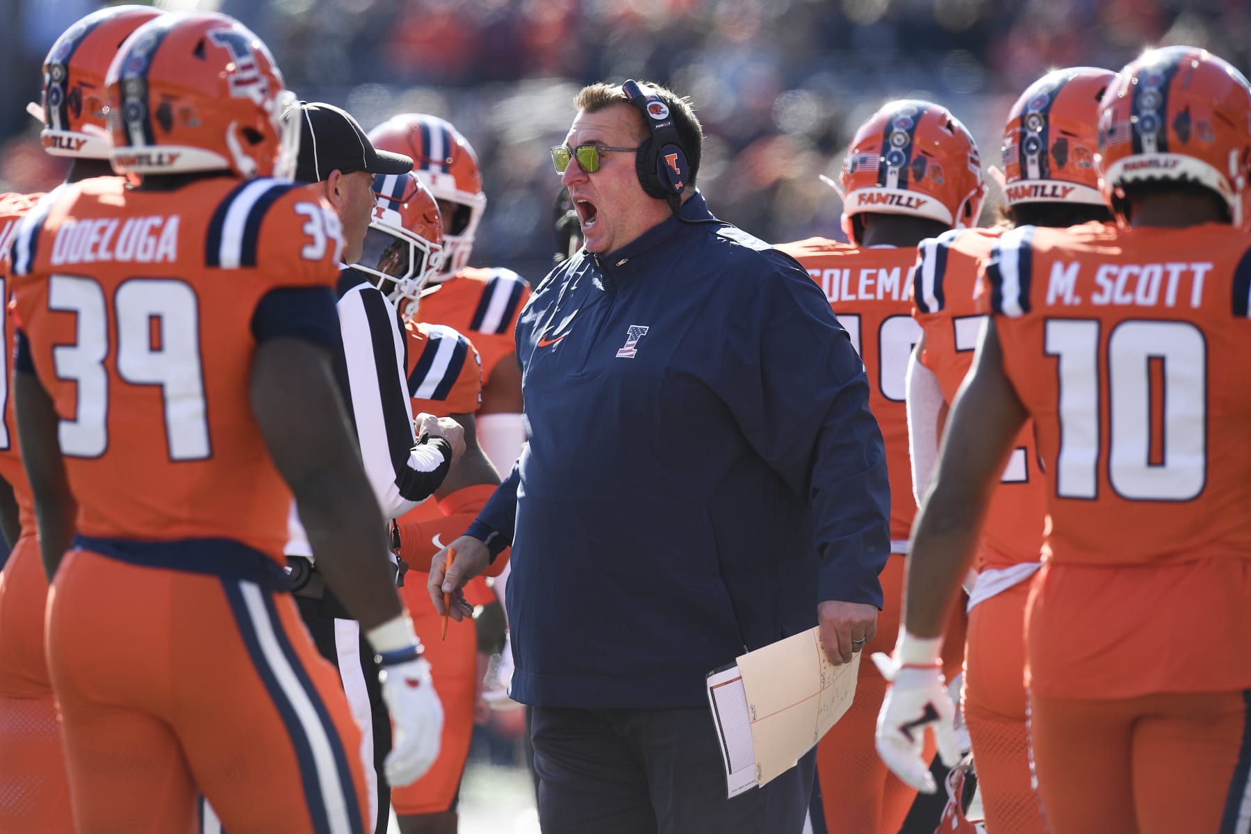 CHAMPAIGN, IL - NOVEMBER 11: Illinois Fighting Illini Head Coach Bret Bielema reacts during the college football game between the Indiana Hoosiers and the Illinois Fighting Illini on November 11, 2023, at Memorial Stadium in Champaign, Illinois. (Photo by Michael Allio/Icon Sportswire via Getty Images)