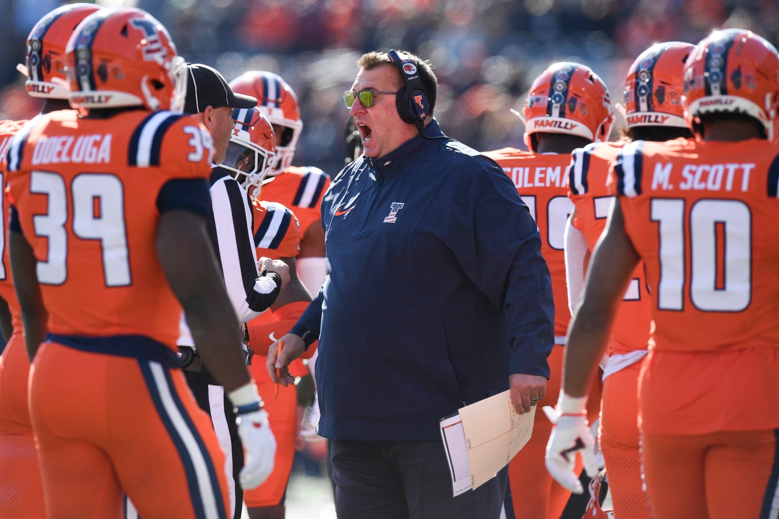 CHAMPAIGN, IL - NOVEMBER 11: Illinois Fighting Illini Head Coach Bret Bielema reacts during the college football game between the Indiana Hoosiers and the Illinois Fighting Illini on November 11, 2023, at Memorial Stadium in Champaign, Illinois. (Photo by Michael Allio/Icon Sportswire via Getty Images)