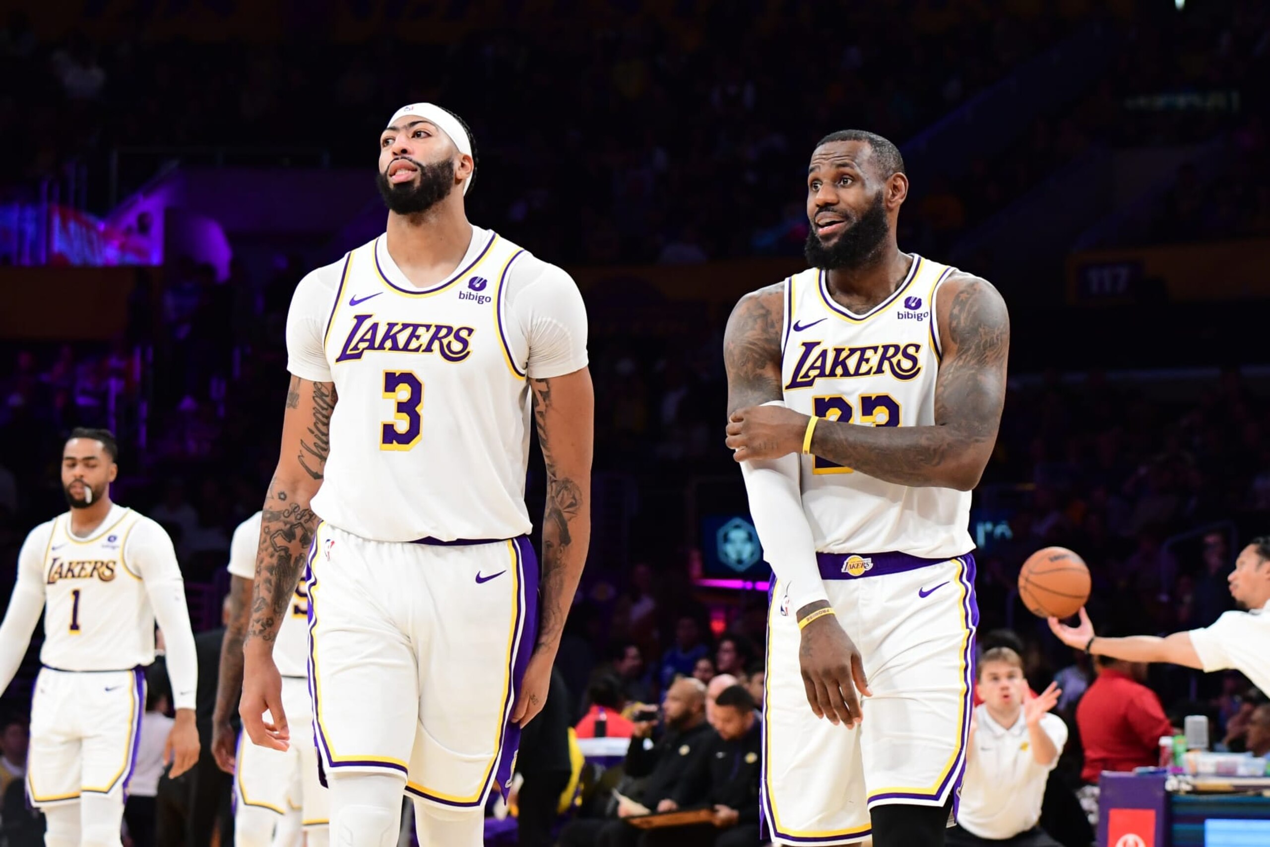 LOS ANGELES, CA - NOVEMBER 19: Anthony Davis #3 and LeBron James #23 of the Los Angeles Lakers look on during the game against the Houston Rockets on November 19, 2023 at Crypto.Com Arena in Los Angeles, California. NOTE TO USER: User expressly acknowledges and agrees that, by downloading and/or using this Photograph, user is consenting to the terms and conditions of the Getty Images License Agreement. Mandatory Copyright Notice: Copyright 2023 NBAE (Photo by Adam Pantozzi/NBAE via Getty Images)
