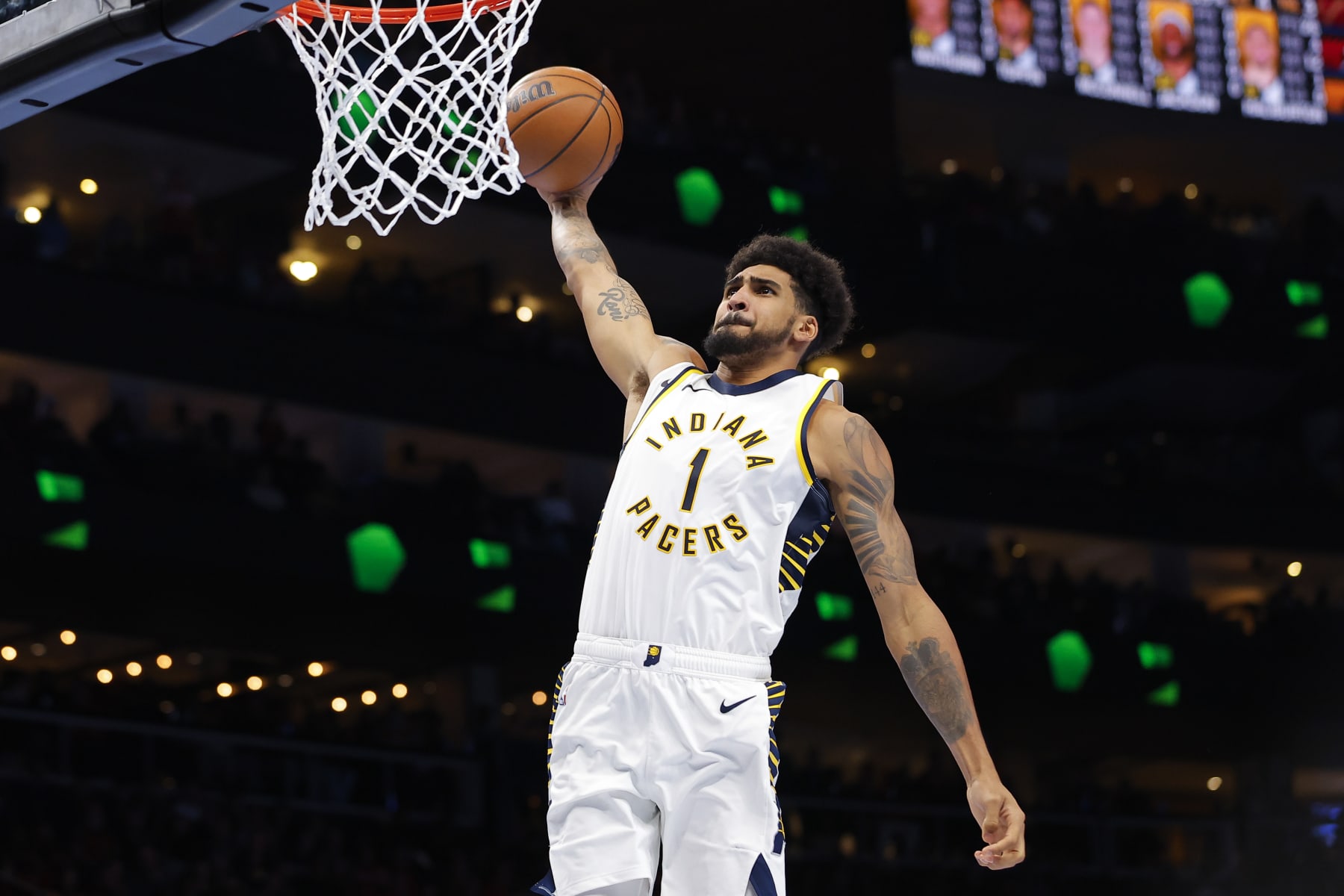 ATLANTA, GEORGIA - NOVEMBER 21: Obi Toppin #1 of the Indiana Pacers goes up for a dunk during the third quarter against the Atlanta Hawks during an NBA In-Season Tournament game at State Farm Arena on November 21, 2023 in Atlanta, Georgia. NOTE TO USER: User expressly acknowledges and agrees that, by downloading and or using this photograph, User is consenting to the terms and conditions of the Getty Images License Agreement. (Photo by Todd Kirkland/Getty Images)