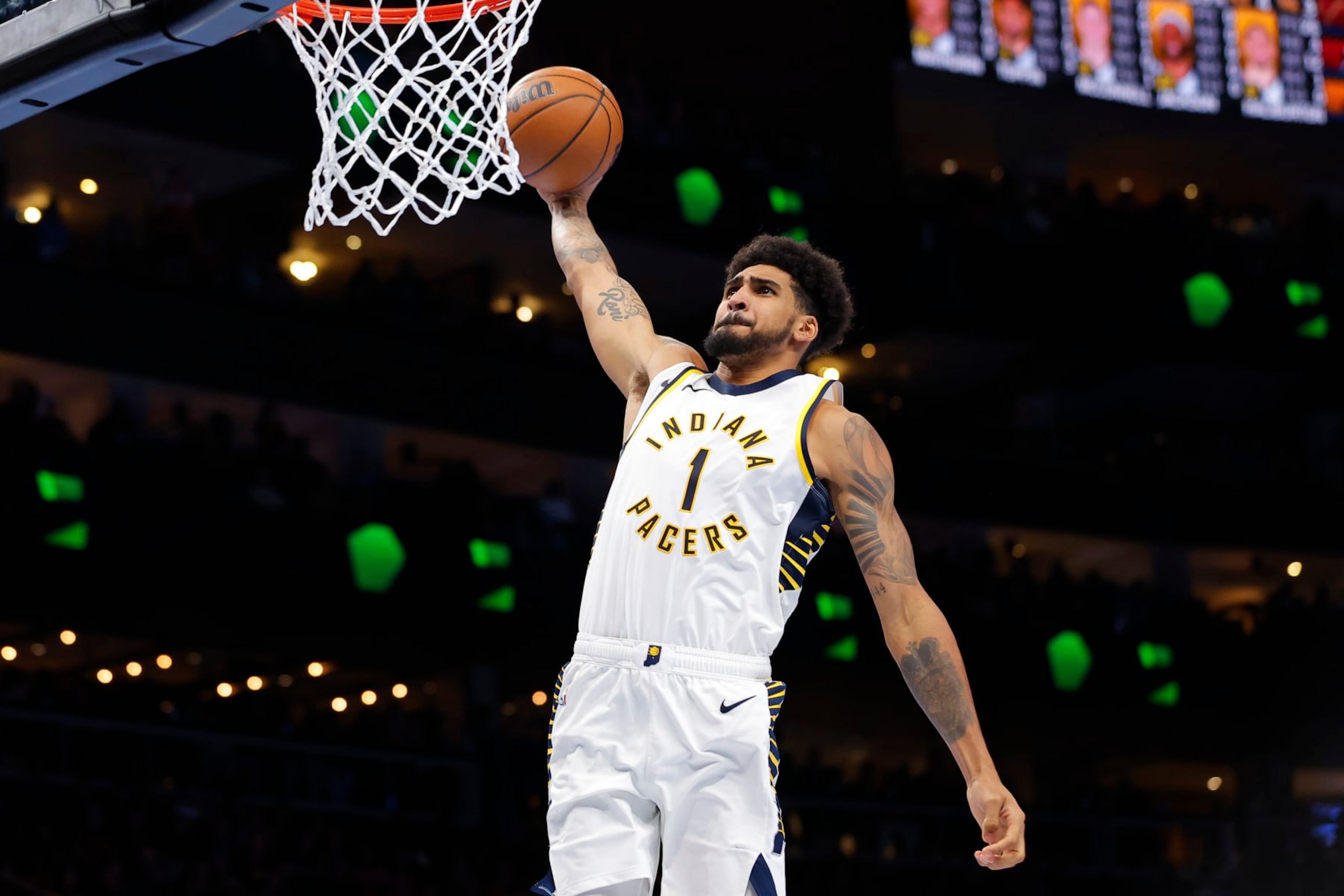ATLANTA, GEORGIA - NOVEMBER 21: Obi Toppin #1 of the Indiana Pacers goes up for a dunk during the third quarter against the Atlanta Hawks during an NBA In-Season Tournament game at State Farm Arena on November 21, 2023 in Atlanta, Georgia. NOTE TO USER: User expressly acknowledges and agrees that, by downloading and or using this photograph, User is consenting to the terms and conditions of the Getty Images License Agreement. (Photo by Todd Kirkland/Getty Images)