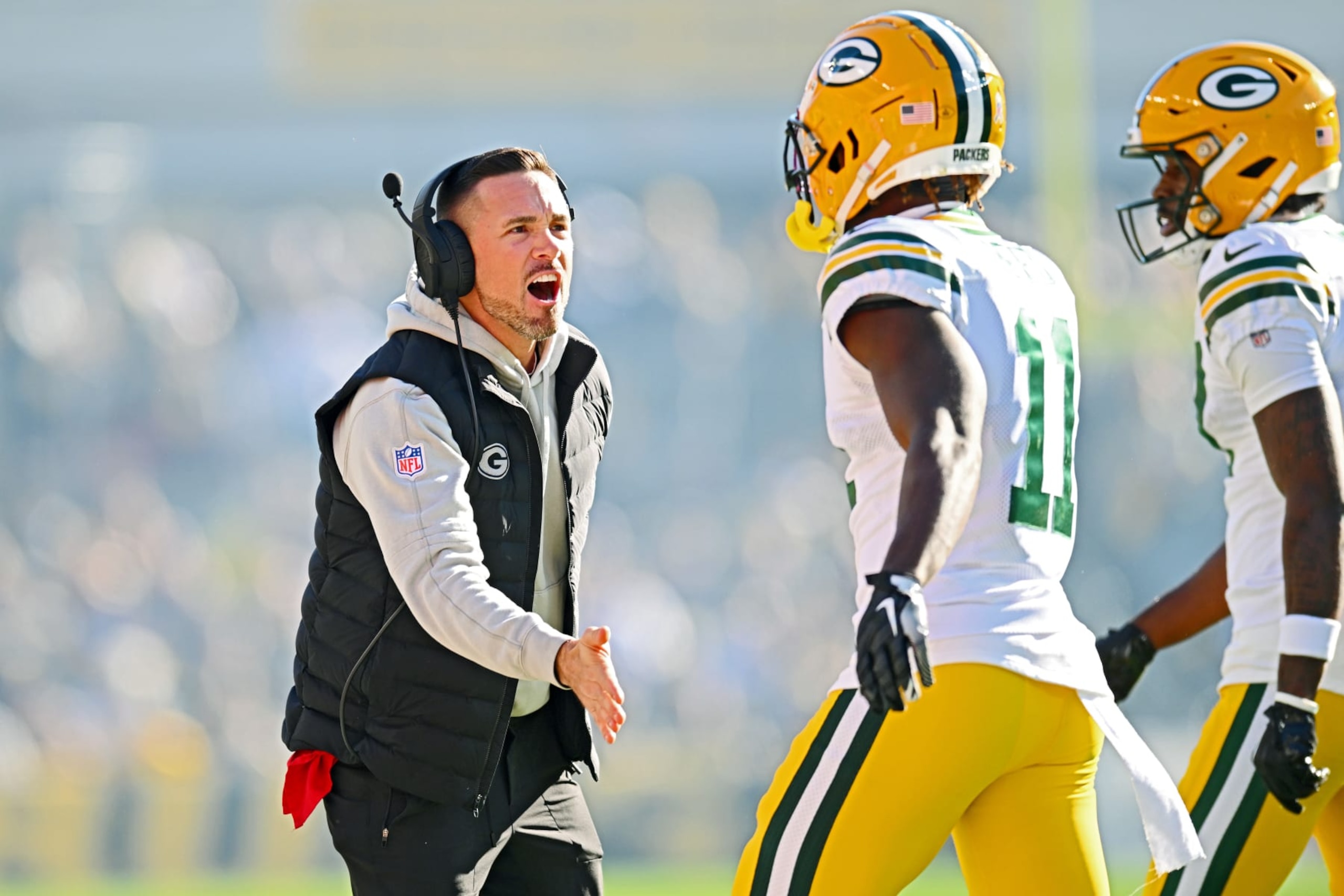 PITTSBURGH, PENNSYLVANIA - NOVEMBER 12: Head coach Matt LaFleur of the Green Bay Packers celebrates with Jayden Reed #11 of the Green Bay Packers after Reed's receiving touchdown during the second quarter against the Pittsburgh Steelers at Acrisure Stadium on November 12, 2023 in Pittsburgh, Pennsylvania. (Photo by Joe Sargent/Getty Images) PITTSBURGH, PENNSYLVANIA - NOVEMBER 12: Head coach Matt LaFleur of the Green Bay Packers celebrates with Jayden Reed #11 of the Green Bay Packers after Reed's receiving touchdown during the second quarter against the Pittsburgh Steelers at Acrisure Stadium on November 12, 2023 in Pittsburgh, Pennsylvania. (Photo by Joe Sargent/Getty Images)