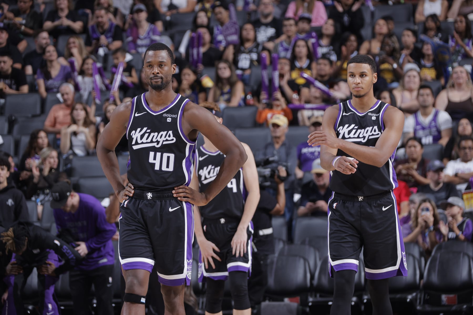 SACRAMENTO, CA - OCTOBER 15: Harrison Barnes #40 and Keegan Murray #13 of the Sacramento Kings look on during the game against the Golden State Warriors on October 15, 2023 at Golden 1 Center in Sacramento, California. NOTE TO USER: User expressly acknowledges and agrees that, by downloading and or using this photograph, User is consenting to the terms and conditions of the Getty Images Agreement. Mandatory Copyright Notice: Copyright 2023 NBAE (Photo by Rocky Widner/NBAE via Getty Images)