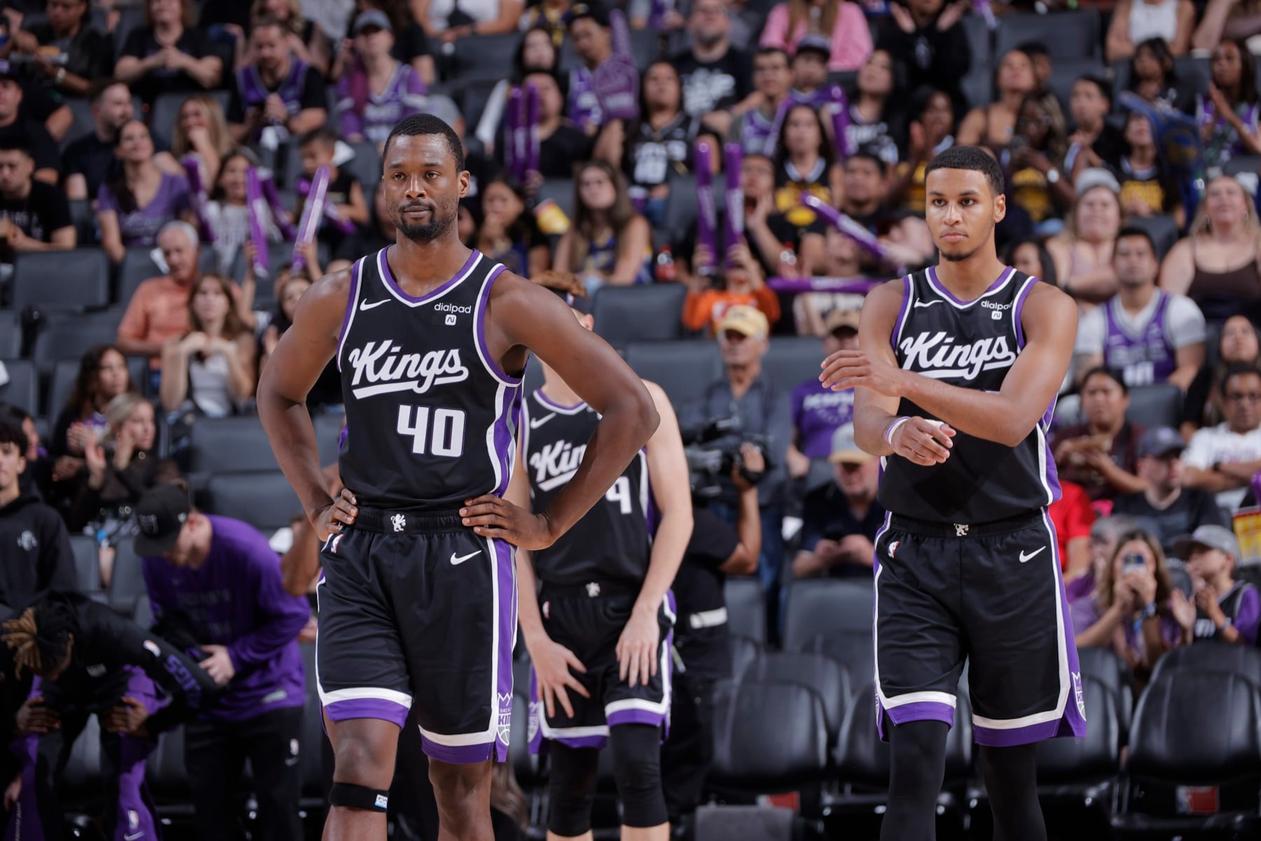 SACRAMENTO, CA - OCTOBER 15: Harrison Barnes #40 and Keegan Murray #13 of the Sacramento Kings look on during the game against the Golden State Warriors on October 15, 2023 at Golden 1 Center in Sacramento, California. NOTE TO USER: User expressly acknowledges and agrees that, by downloading and or using this photograph, User is consenting to the terms and conditions of the Getty Images Agreement. Mandatory Copyright Notice: Copyright 2023 NBAE (Photo by Rocky Widner/NBAE via Getty Images)