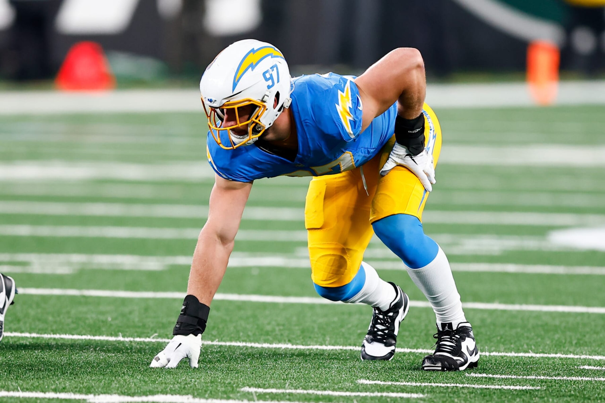 EAST RUTHERFORD, NJ - NOVEMBER 06: Joey Bosa #97 of the Los Angeles Chargers during the game against the New York Jets on November 6, 2023 at MetLife Stadium in East Rutherford, New Jersey.   (Photo by Rich Graessle/Icon Sportswire via Getty Images)