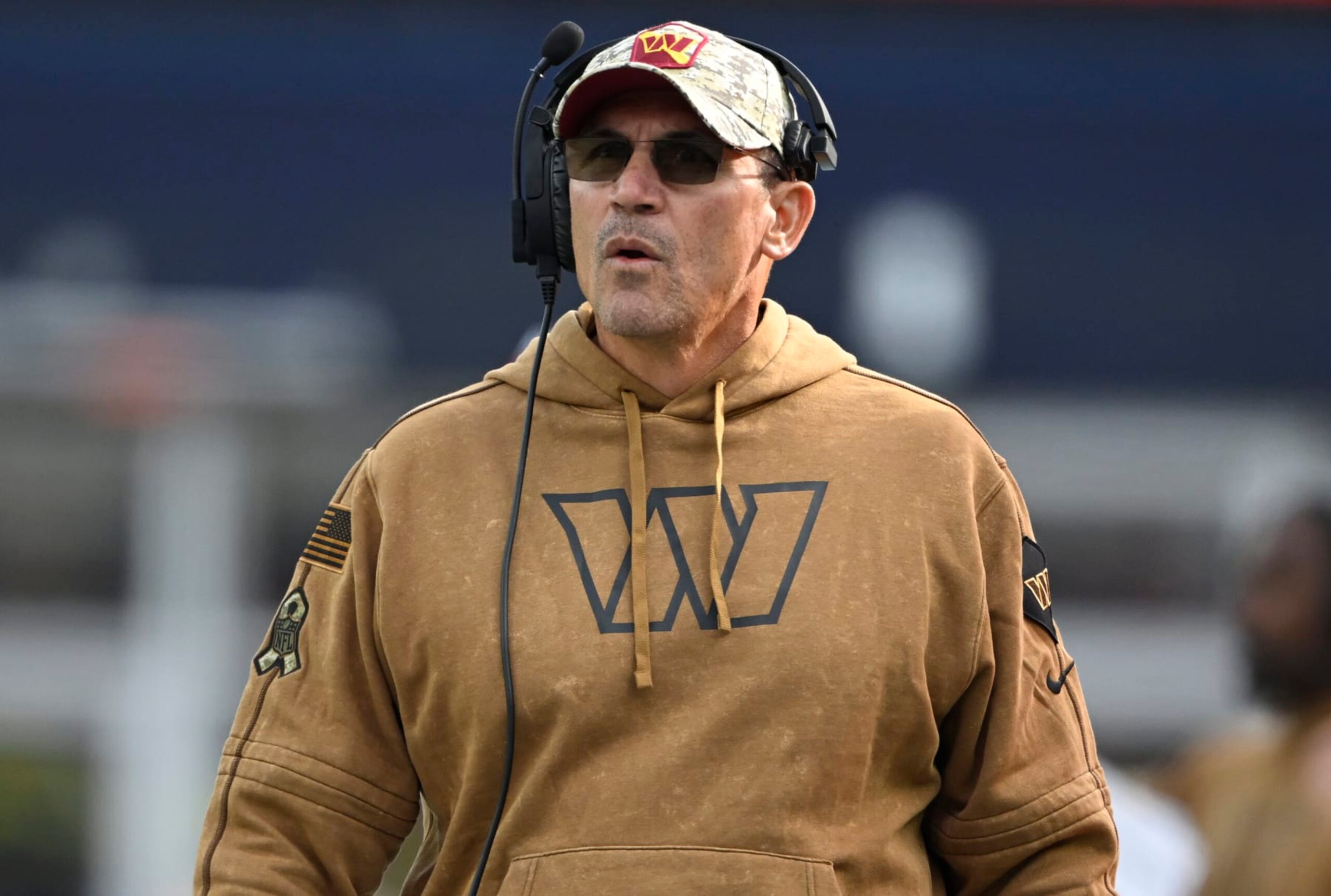 FOXBOROUGH, MA - NOVEMBER 5:  Washington Commanders head coach Ron Rivera during the Washington Commanders defeat of the New England Patriots 20-17 at Gillette Stadium in Foxborough, MA on November5, 2023. (Photo by John McDonnell/The Washington Post via Getty Images)