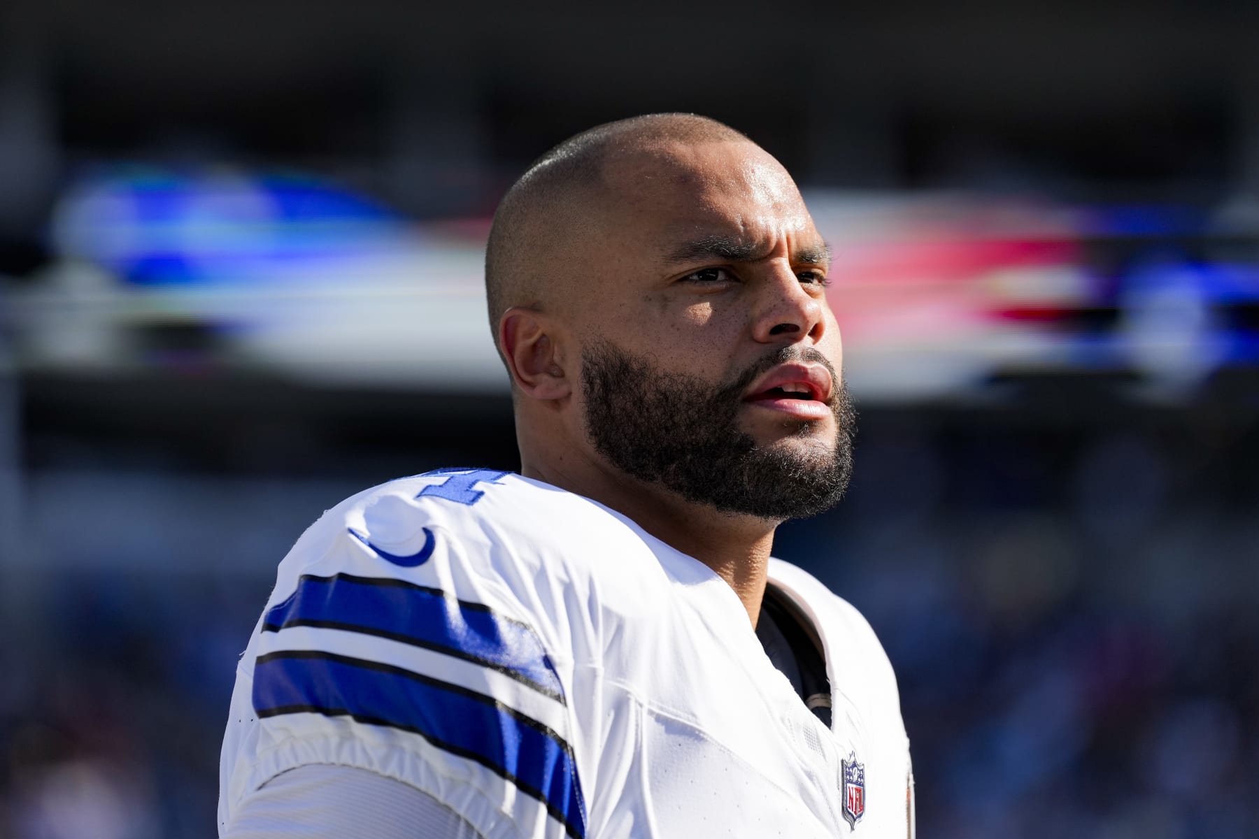CHARLOTTE, NORTH CAROLINA - NOVEMBER 19: Dak Prescott #4 of the Dallas Cowboys looks on prior to an NFL football game against the Carolina Panthers at Bank of America Stadium on November 19, 2023 in Charlotte, North Carolina. (Kara Durrette/Getty Images)