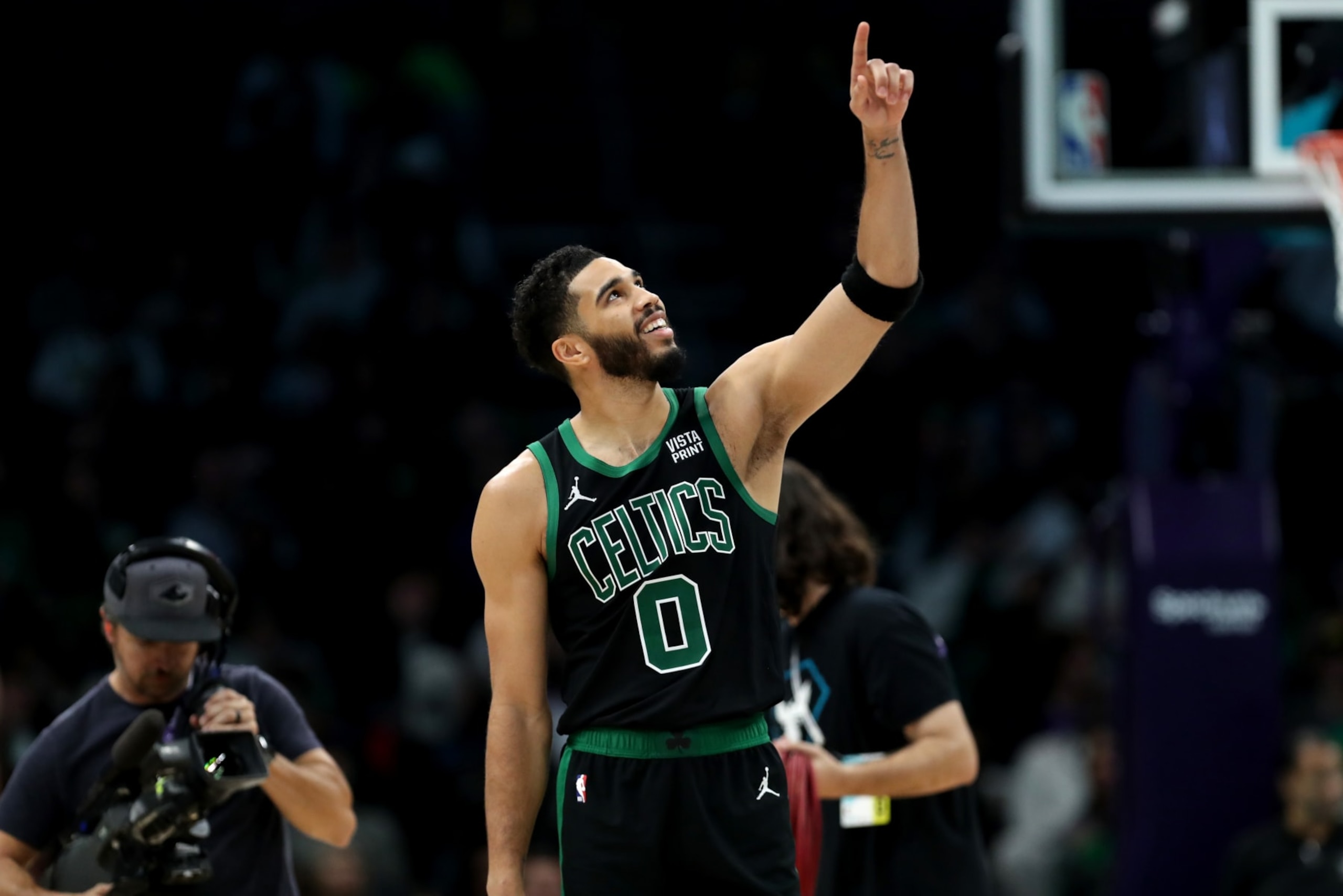 CHARLOTTE, NORTH CAROLINA - NOVEMBER 20: Jayson Tatum #0 of the Boston Celtics reacts to a call during the second half of an NBA game against the Charlotte Hornets at Spectrum Center on November 20, 2023 in Charlotte, North Carolina. NOTE TO USER: User expressly acknowledges and agrees that, by downloading and or using this photograph, User is consenting to the terms and conditions of the Getty Images License Agreement. (Photo by David Jensen/Getty Images) CHARLOTTE, NORTH CAROLINA - NOVEMBER 20: Jayson Tatum #0 of the Boston Celtics reacts to a call during the second half of an NBA game against the Charlotte Hornets at Spectrum Center on November 20, 2023 in Charlotte, North Carolina. NOTE TO USER: User expressly acknowledges and agrees that, by downloading and or using this photograph, User is consenting to the terms and conditions of the Getty Images License Agreement. (Photo by David Jensen/Getty Images)