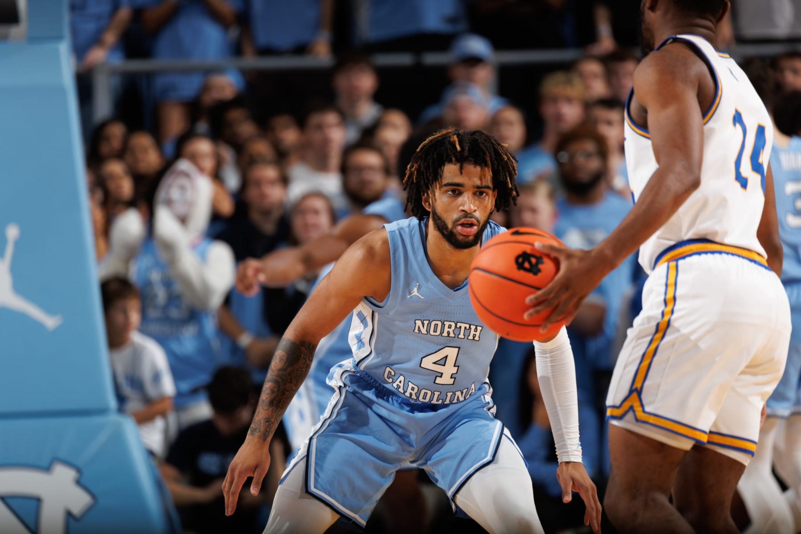 CHAPEL HILL, NC - NOVEMBER 17: RJ Davis #4 of the North Carolina Tar Heels defends during a game against the UC Riverside Highlanders on November 17, 2023 at the Dean Smith Center in Chapel Hill, North Carolina. North Carolina won 77-52. (Photo by Peyton Williams/UNC/Getty Images) CHAPEL HILL, NC - NOVEMBER 17: RJ Davis #4 of the North Carolina Tar Heels defends during a game against the UC Riverside Highlanders on November 17, 2023 at the Dean Smith Center in Chapel Hill, North Carolina. North Carolina won 77-52. (Photo by Peyton Williams/UNC/Getty Images)