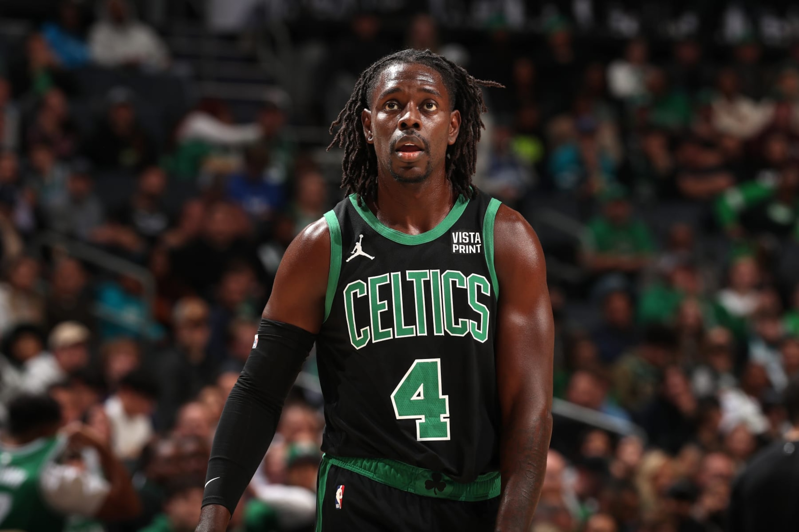 CHARLOTTE, NC - NOVEMBER 20: Jrue Holiday #4 of the Boston Celtics looks on during the game against the Charlotte Hornets on November 20, 2023 at Spectrum Center in Charlotte, North Carolina. NOTE TO USER: User expressly acknowledges and agrees that, by downloading and or using this photograph, User is consenting to the terms and conditions of the Getty Images License Agreement. Mandatory Copyright Notice: Copyright 2023 NBAE (Photo by Kent Smith/NBAE via Getty Images) CHARLOTTE, NC - NOVEMBER 20: Jrue Holiday #4 of the Boston Celtics looks on during the game against the Charlotte Hornets on November 20, 2023 at Spectrum Center in Charlotte, North Carolina. NOTE TO USER: User expressly acknowledges and agrees that, by downloading and or using this photograph, User is consenting to the terms and conditions of the Getty Images License Agreement. Mandatory Copyright Notice: Copyright 2023 NBAE (Photo by Kent Smith/NBAE via Getty Images)