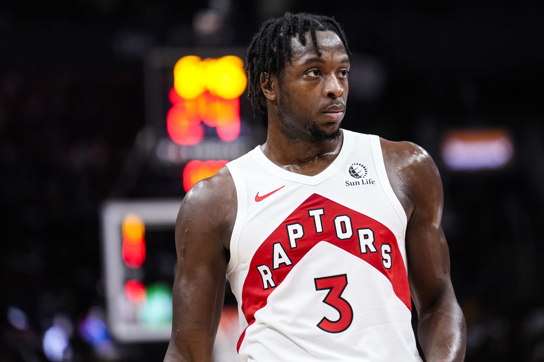 TORONTO, ON - OCTOBER 30: O.G. Anunoby #3 of the Toronto Raptors look so against the Portland Trail Blazers during the second half of their basketball game at the Scotiabank Arena on October 30, 2023 in Toronto, Ontario, Canada. NOTE TO USER: User expressly acknowledges and agrees that, by downloading and/or using this Photograph, user is consenting to the terms and conditions of the Getty Images License Agreement. (Photo by Mark Blinch/Getty Images)