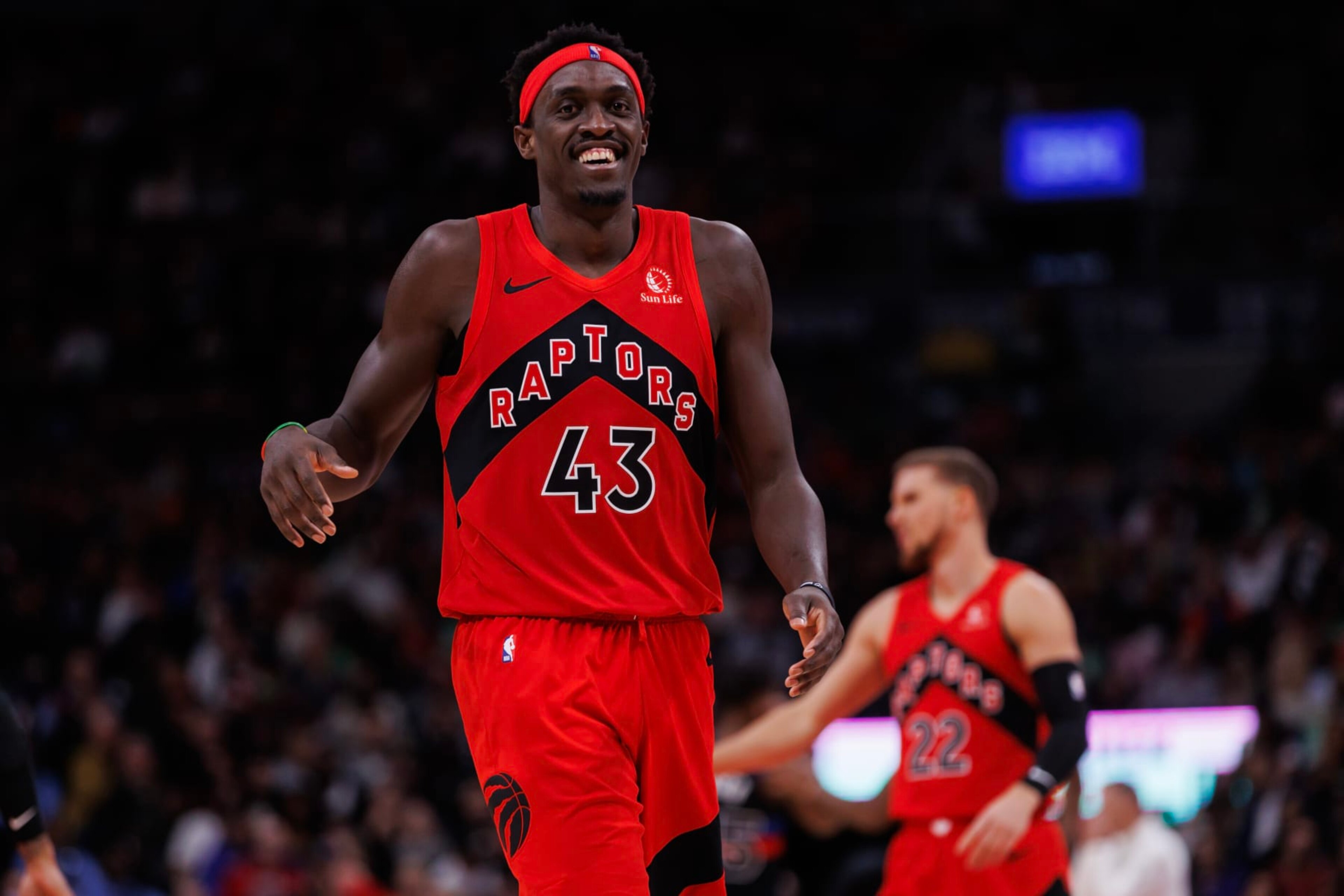 TORONTO, CANADA - NOVEMBER 19: Pascal Siakam #43 of the Toronto Raptors reacts after scoring a basket against the Detroit Pistons during the second half of their NBA game at Scotiabank Arena on November 19, 2023 in Toronto, Canada. NOTE TO USER: User expressly acknowledges and agrees that, by downloading and or using this photograph, User is consenting to the terms and conditions of the Getty Images License Agreement. (Photo by Cole Burston/Getty Images) TORONTO, CANADA - NOVEMBER 19: Pascal Siakam #43 of the Toronto Raptors reacts after scoring a basket against the Detroit Pistons during the second half of their NBA game at Scotiabank Arena on November 19, 2023 in Toronto, Canada. NOTE TO USER: User expressly acknowledges and agrees that, by downloading and or using this photograph, User is consenting to the terms and conditions of the Getty Images License Agreement. (Photo by Cole Burston/Getty Images)