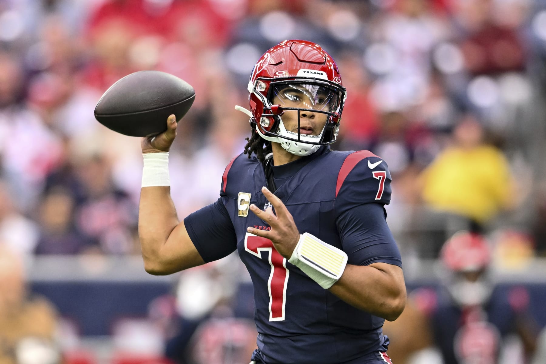 Houston Texans quarterback C.J. Stroud (7) passes the ball during to an NFL football game against the Arizona Cardinals, Sunday, Nov 19, 2023, in Houston. (AP Photo/Maria Lysaker)