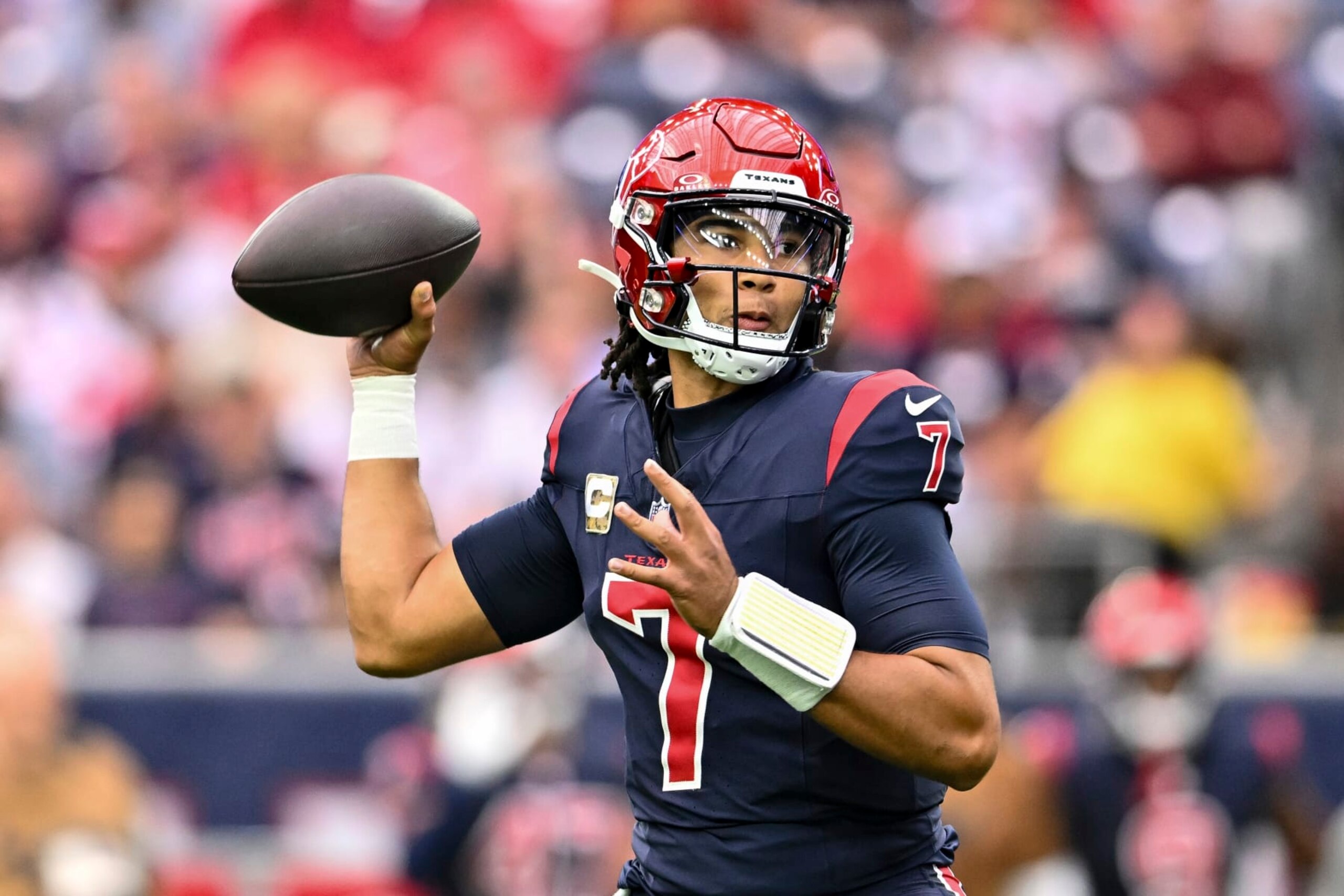 Houston Texans quarterback C.J. Stroud (7) passes the ball during to an NFL football game against the Arizona Cardinals, Sunday, Nov 19, 2023, in Houston. (AP Photo/Maria Lysaker)