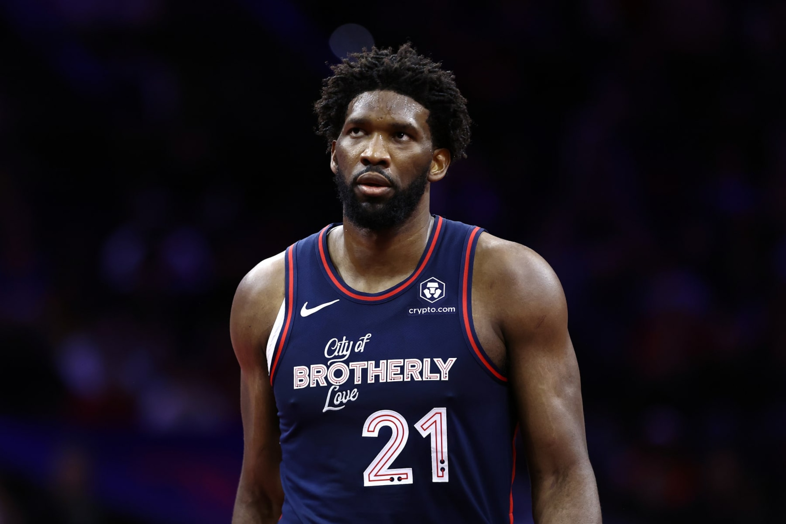 PHILADELPHIA, PENNSYLVANIA - NOVEMBER 21: Joel Embiid #21 of the Philadelphia 76ers looks on during the fourth quarter against the Cleveland Cavaliers at the Wells Fargo Center on November 21, 2023 in Philadelphia, Pennsylvania. NOTE TO USER: User expressly acknowledges and agrees that, by downloading and or using this photograph, User is consenting to the terms and conditions of the Getty Images License Agreement. (Photo by Tim Nwachukwu/Getty Images)