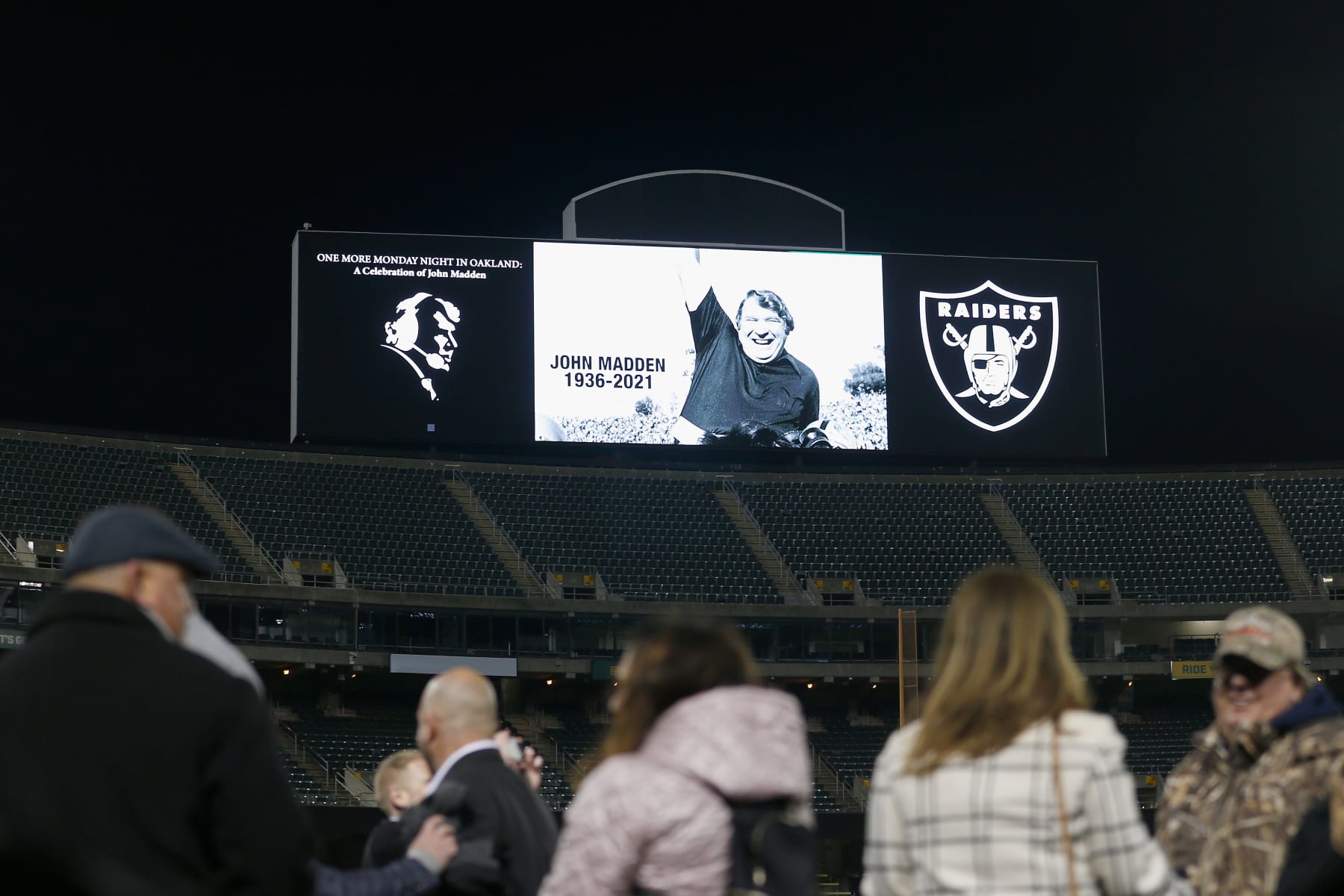 OAKLAND, CALIFORNIA - FEBRUARY 14: A view of the video board after a memorial service held for Hall of Fame NFL coach and broadcaster John Madden on February 14, 2022 in Oakland, California. (Photo by Lachlan Cunningham/Getty Images)