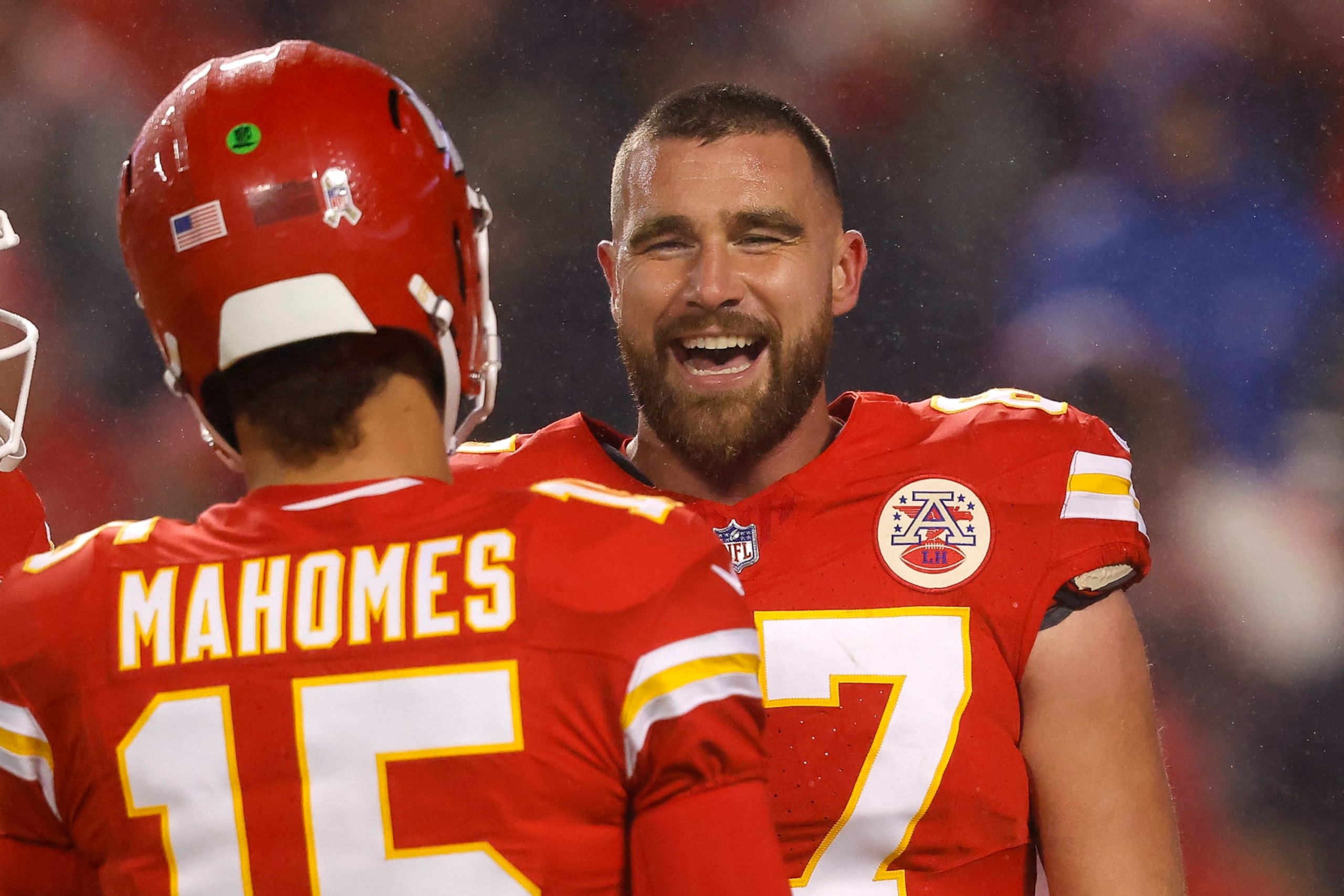 KANSAS CITY, MISSOURI - NOVEMBER 20: Travis Kelce #87 of the Kansas City Chiefs talks to Patrick Mahomes #15 before their game against the Philadelphia Eagles at GEHA Field at Arrowhead Stadium on November 20, 2023 in Kansas City, Missouri. (Photo by David Eulitt/Getty Images) KANSAS CITY, MISSOURI - NOVEMBER 20: Travis Kelce #87 of the Kansas City Chiefs talks to Patrick Mahomes #15 before their game against the Philadelphia Eagles at GEHA Field at Arrowhead Stadium on November 20, 2023 in Kansas City, Missouri. (Photo by David Eulitt/Getty Images)
