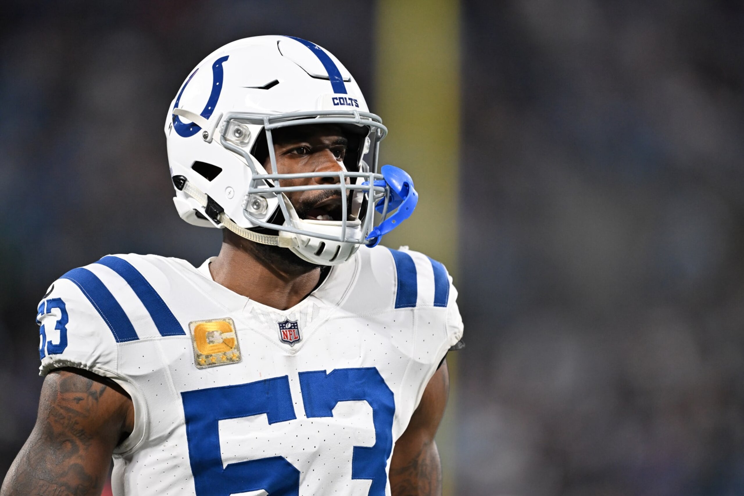 CHARLOTTE, NORTH CAROLINA - NOVEMBER 05: Shaquille Leonard #53 of the Indianapolis Colts looks on against the Carolina Panthers during the game at Bank of America Stadium on November 05, 2023 in Charlotte, North Carolina. (Photo by Grant Halverson/Getty Images)