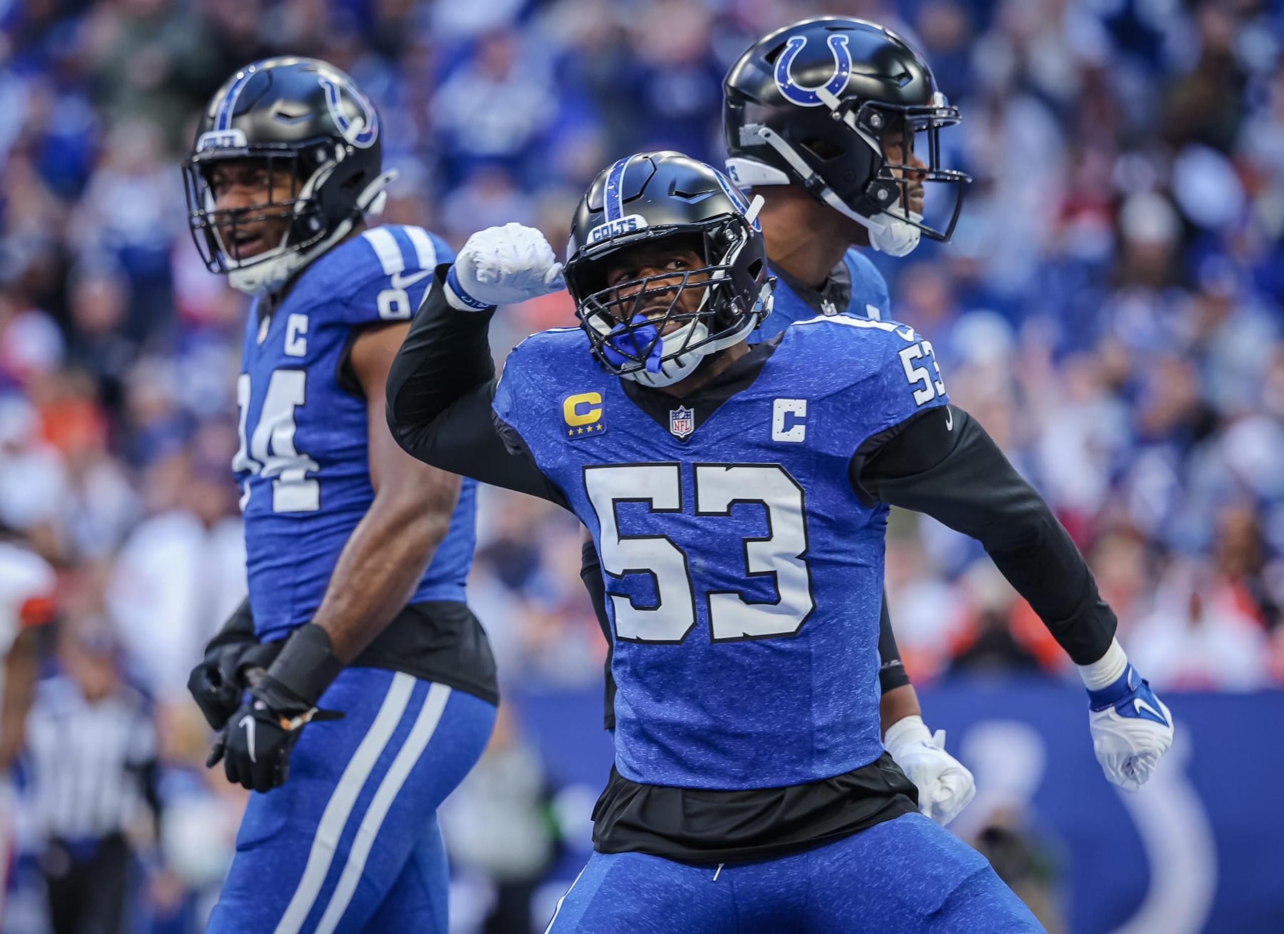 INDIANAPOLIS, INDIANA - OCTOBER 22: Shaquille Leonard #53 of the Indianapolis Colts celebrates during the game against the Cleveland Browns at Lucas Oil Stadium on October 22, 2023 in Indianapolis, Indiana. (Photo by Michael Hickey/Getty Images)
